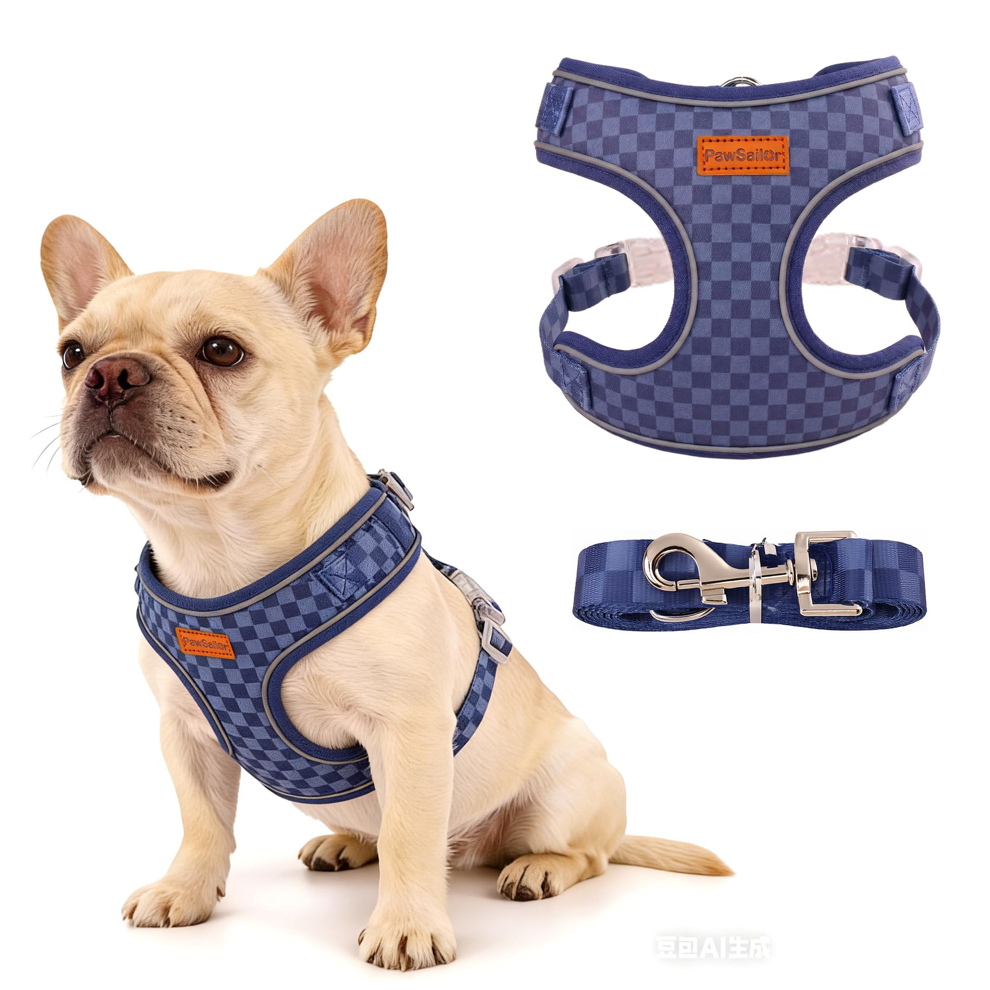 PawSailor Small Dog Harness with Lead Set No Pull Breathable Mesh Puppy Harnesses with Adjustable Buckles Reflective Soft Padded Checkered Pattern Pet Vest for Small Medium Dogs and Cats, Navy Blue L