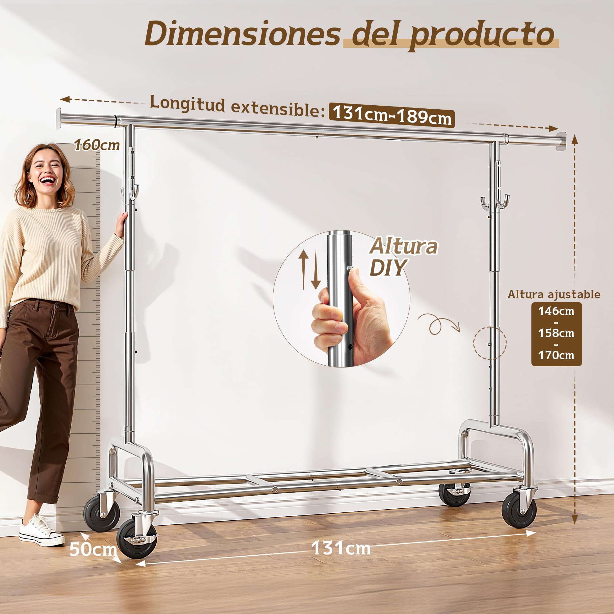 131–189cm Extensible Perchero Burro Ropa con Ruedas, Plata | 140kg Capacidad de Carga, 146-170cm Altura regulable,para Abrigos,Chaquetas de Invierno,Camisas, Dormitorio, Residencia