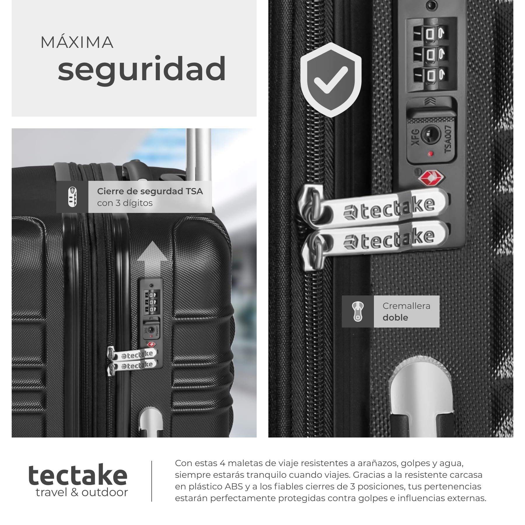 tectake® Juego de 4 Maletas Rígidas de Plástico ABS, Tamaños XL-L-M-S, Set Maletas Viaje con Ruedas de 360º, Cerradura de Combinación TSA, Asa Telescópica de Aluminio, Interior Compartimentado - negro