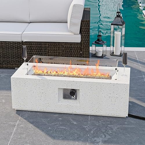 HOMPUS Hoguera de propano para exteriores de 50,000 BTU de 42 x 17 pulgadas, mesa rectangular de gas de hormigón para exteriores sin humo con gurada
