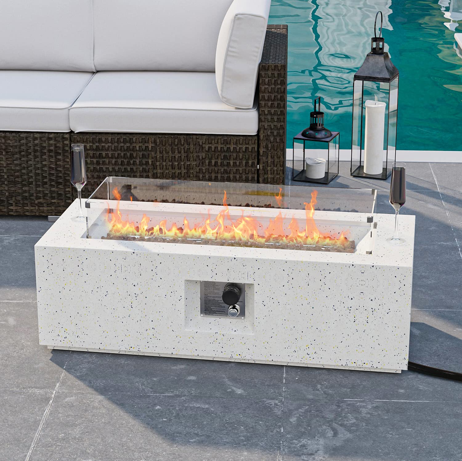 HOMPUS Outdoor Propane Fire Pit 50,000 BTU 42-inch x 17-inch Rectangle Concrete Gas Fire Table Outside Smokeless Firepit Furniture with Wind Gurad,Lava Rocks and Rain Cover for Garden,Deck,Backyard