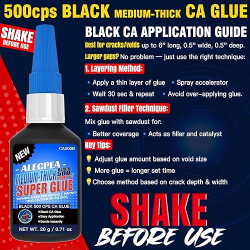 Miniatura 6 de Pegamento CA negro de grosor medio (500 CPS), súper pegamento de cianoacrilato de alta calidad para madera, vidrio, metal, papel, cuero, plástico,