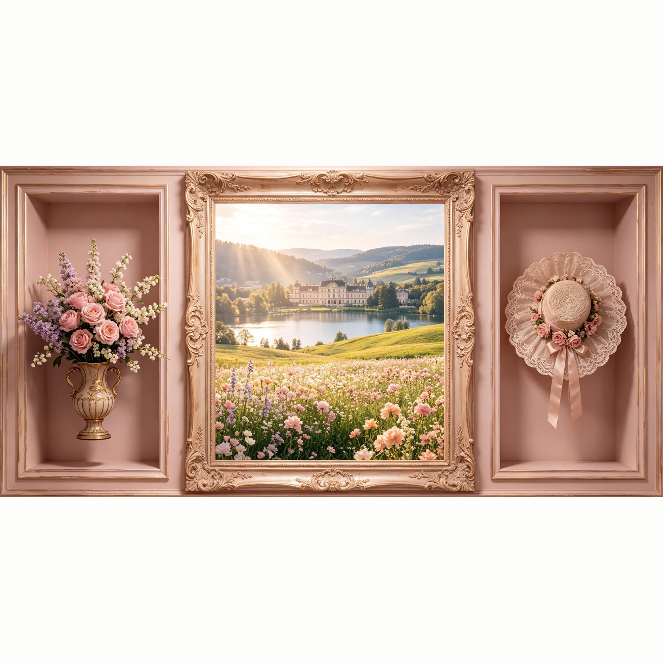 QZLITHOTIC 50x100cm 3D Framed Wall Art， Neoclassical Palace Lake Landscape Floral Vase Straw Hat SelfAdhesive Mural， WaterActivated Peel & Stick Fabric Decor Wall Decal for Bedroom Living Room