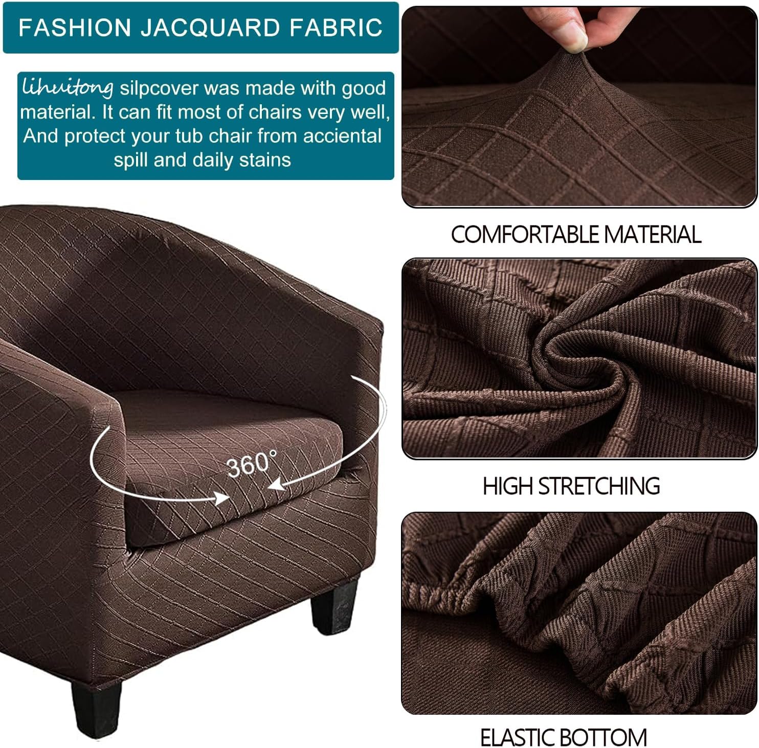 Club Chair Slipcover 2 Piece Stretch Tub Chair Slipcover Jacquard Round Barrel Chair Covers Couch Covers Soft Armchair Sofa Cover Removable Chair Coverings Furniture Protector Cover (Brown)