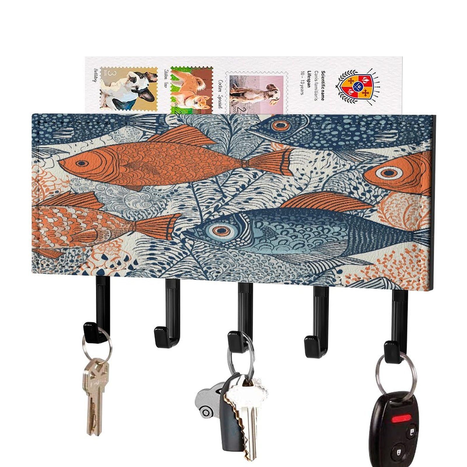 FekiLoot Fish Doodle Pattern Key Holder Wall Mount Key and Mail Holder Key Hanger with 5 Hooks Decorative PU Key Rack Hanging Key Hooks for Wall Living Room Kitchen Bathroom Hallway Black-Style