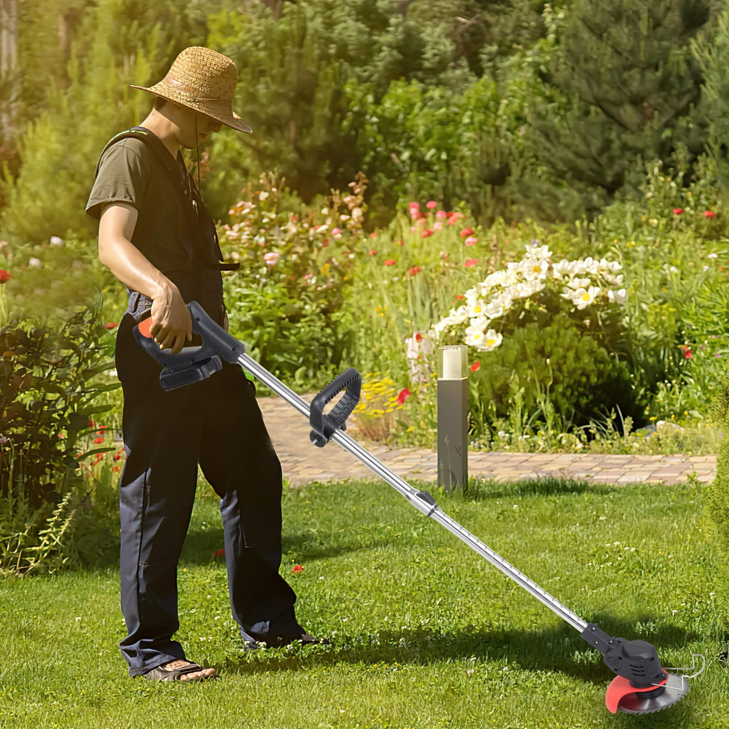Gimisgu Desbrozadora con batería, cortador de bordes de césped de 24 V con batería de iones de litio de 1,5 Ah y cuchillo de plástico, ancho de corte de 15 cm, mango telescópico, ajuste de ángulo de