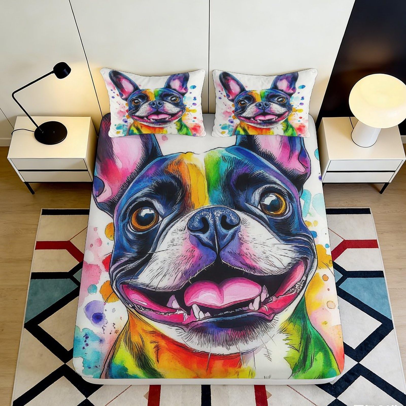 3D Printed Colorful Bulldog Fitted Sheet Microfiber Soft Vibrant Dog Art Mattress Cover for Bedroom Dorm Decor 90x200x25cm