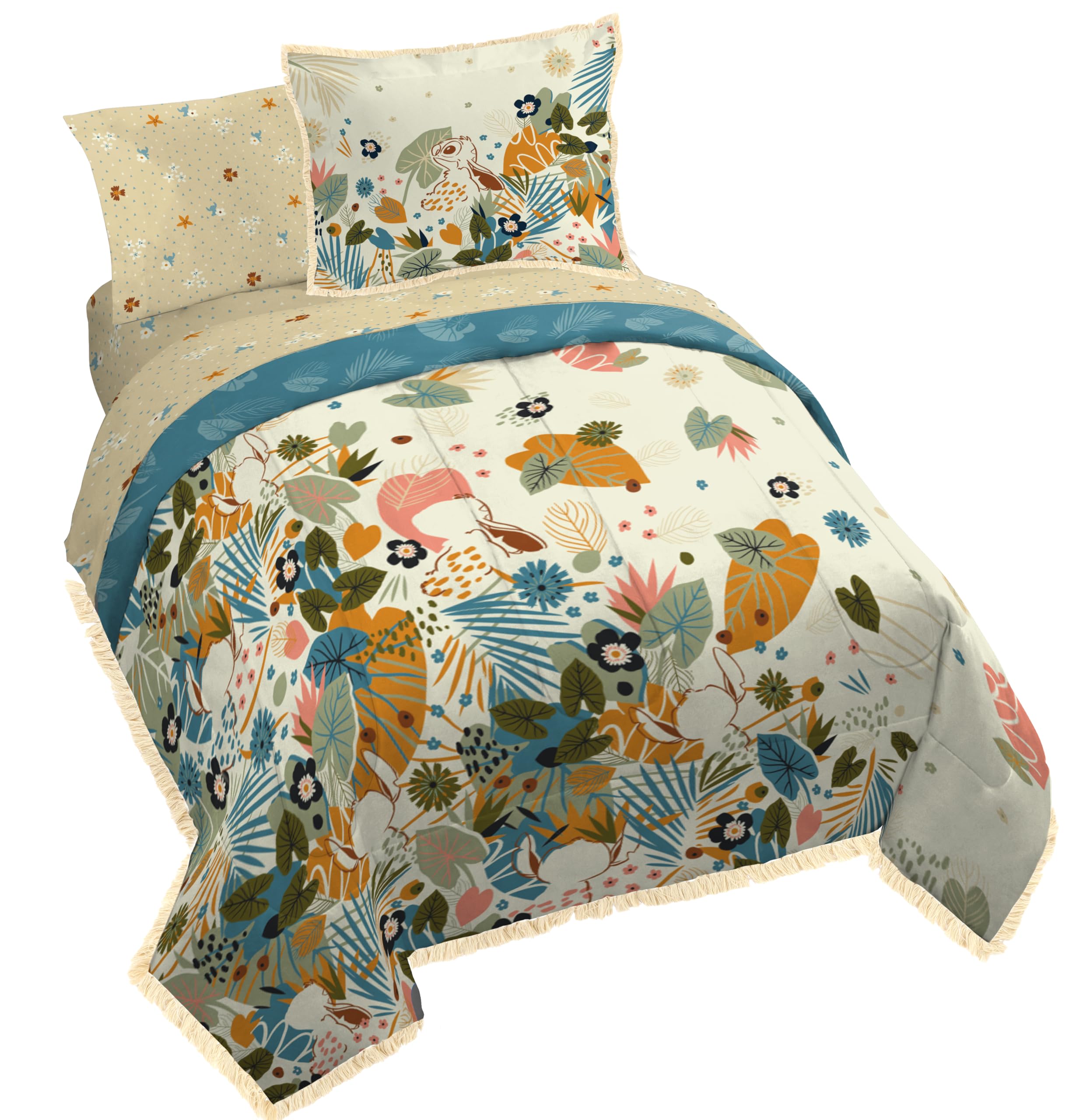 Disney Lilo and Stitch Queen Comforter Set 7 Piece Floral Bedding, Multi