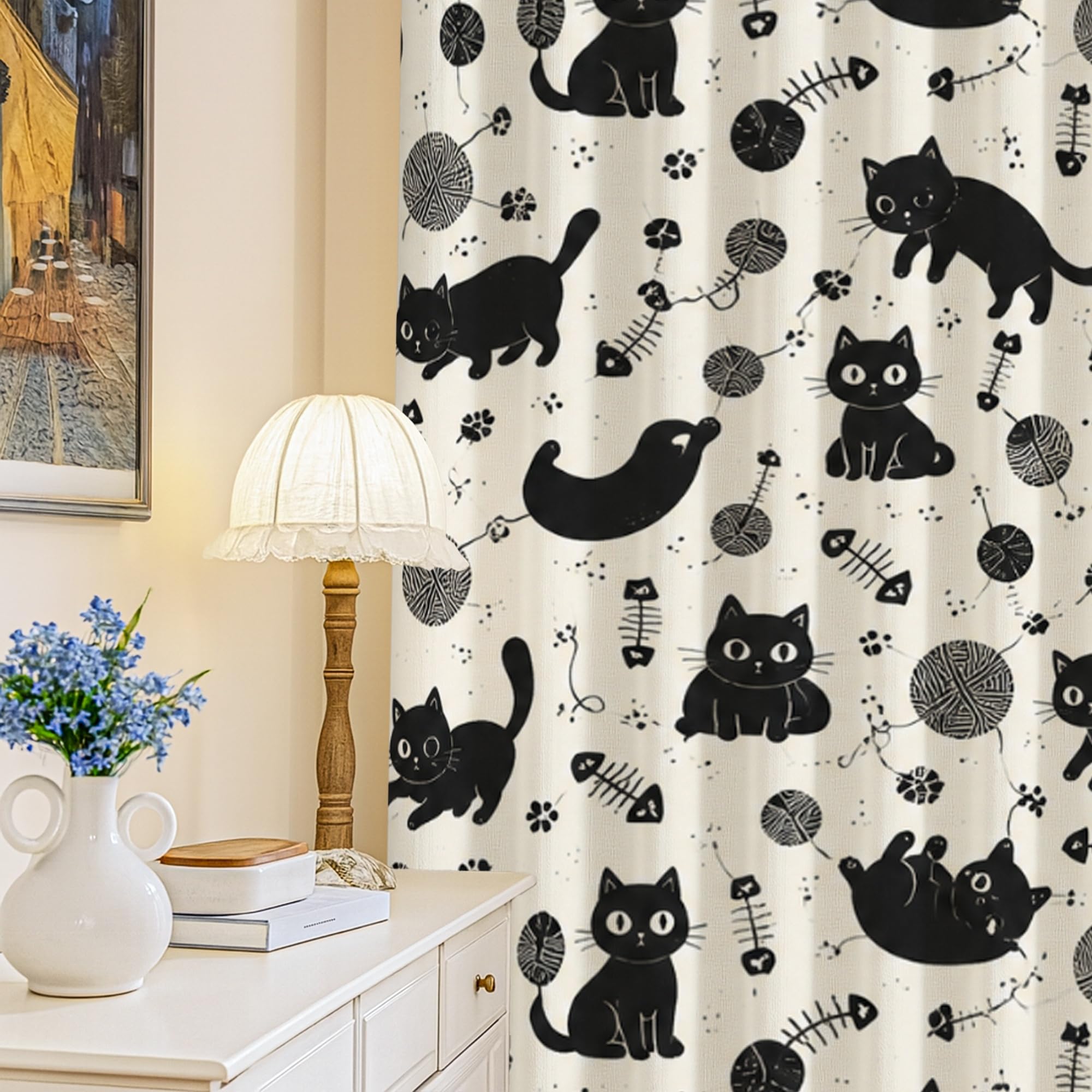 Rideaux occultants chat noir 132x213 cm lavables pour chambre enfant