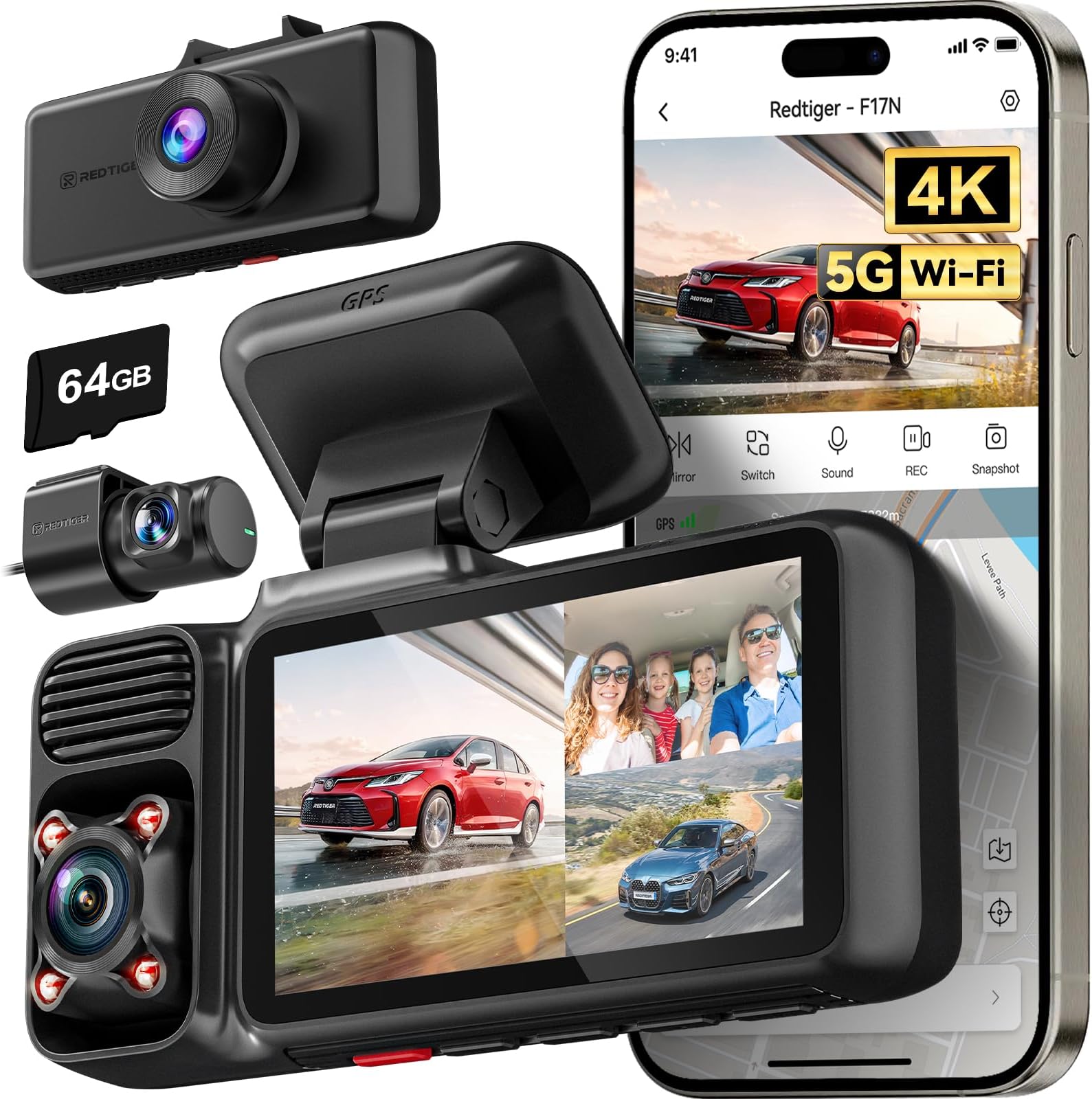 4K 3 Channel Dash Cam 5G WiFi Built-in GPS, Included 64GB Card, 2160P+1080P+1080P Front and Rear Inside, Loop Recording, Triple Car Camera with 3 Inch Screen, IR Night Vision, Parking Mode