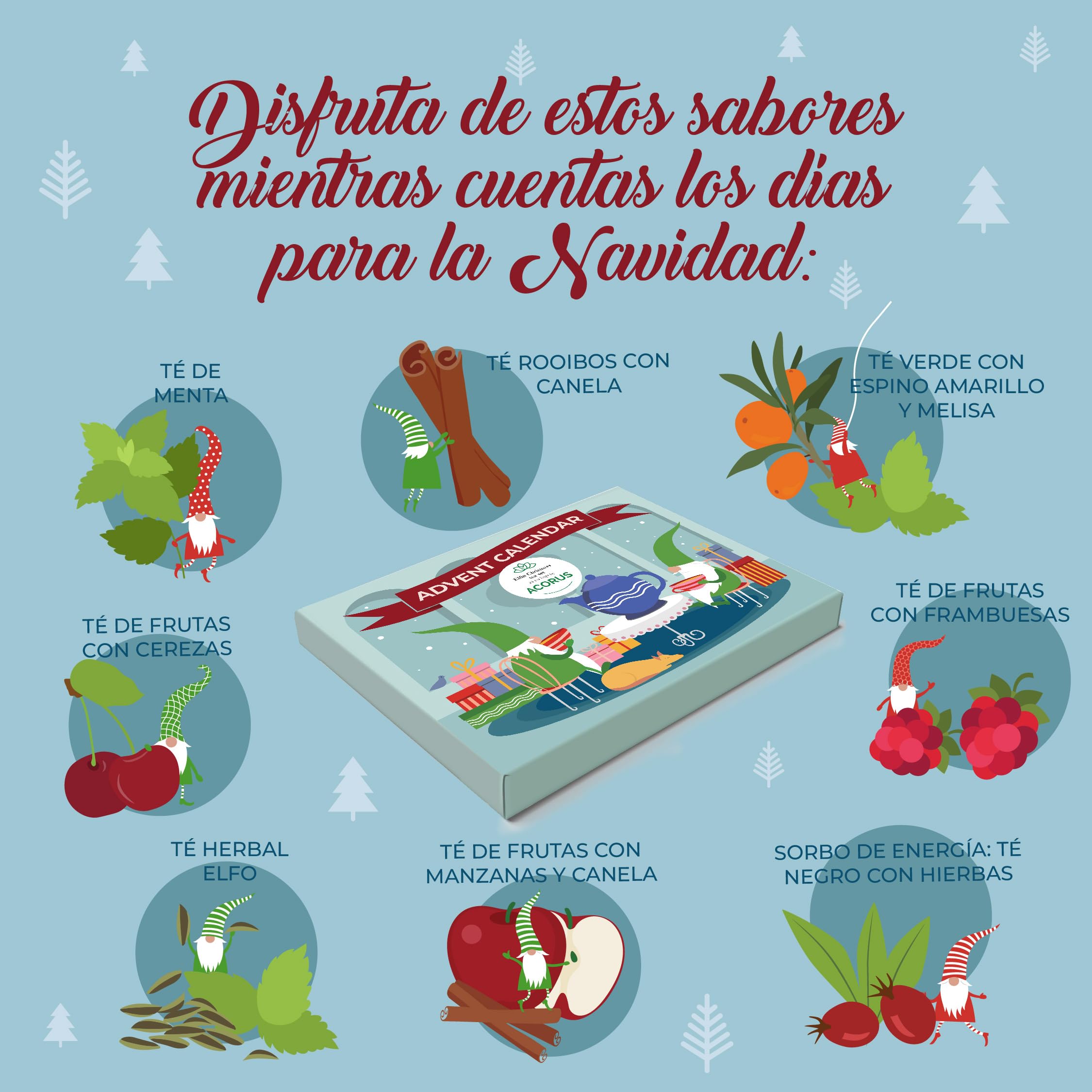 Calendario de Adviento 2025 Elfin de Té de Acorus, 24 Bolsitas de Té Navidad