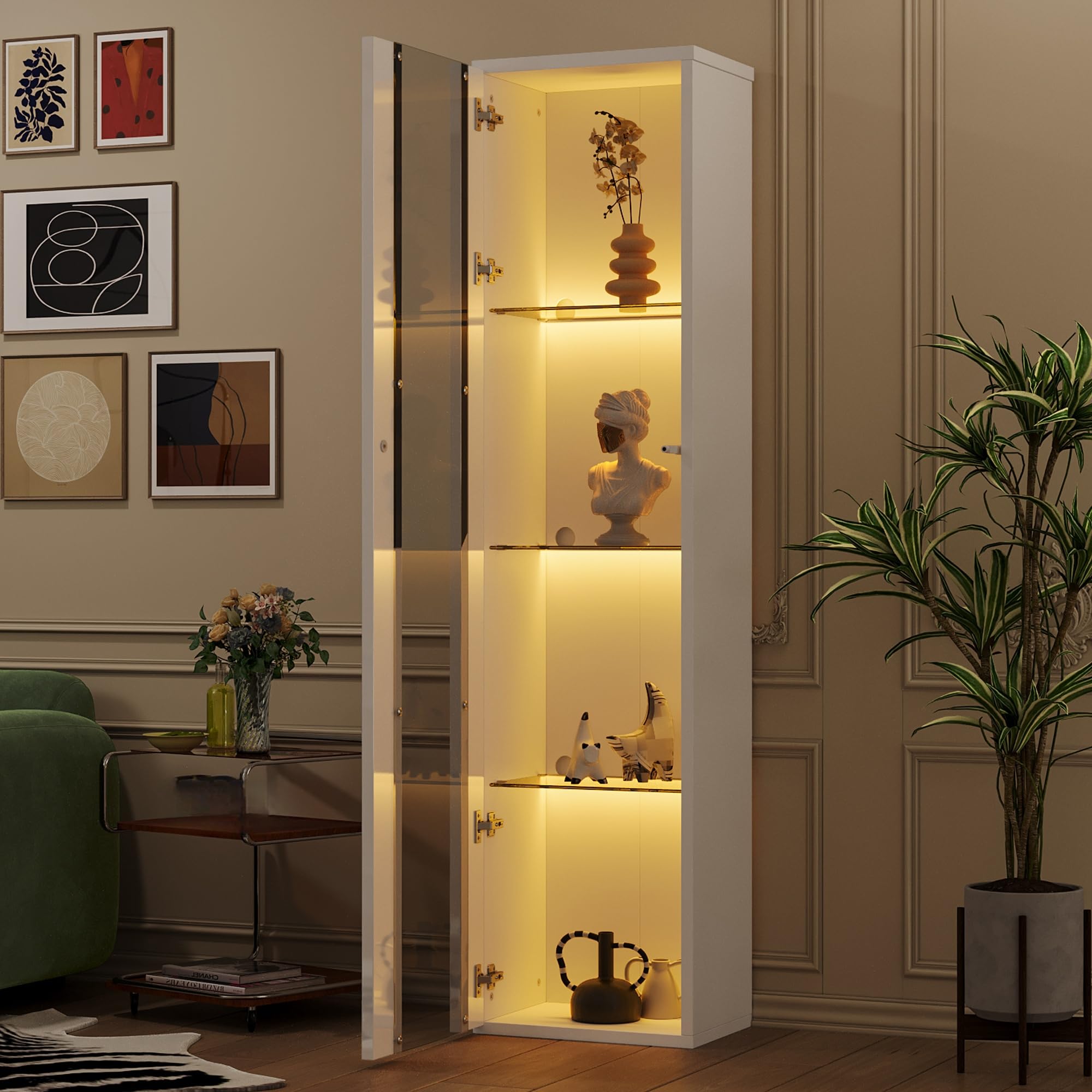 Vitrina Expositora con Iluminación LED, Vitrina Salon con 3 Estantes de Cristal, Vitrina Cristal para Salón Dormitorios Oficina, 40x29x170 cm, Blanco
