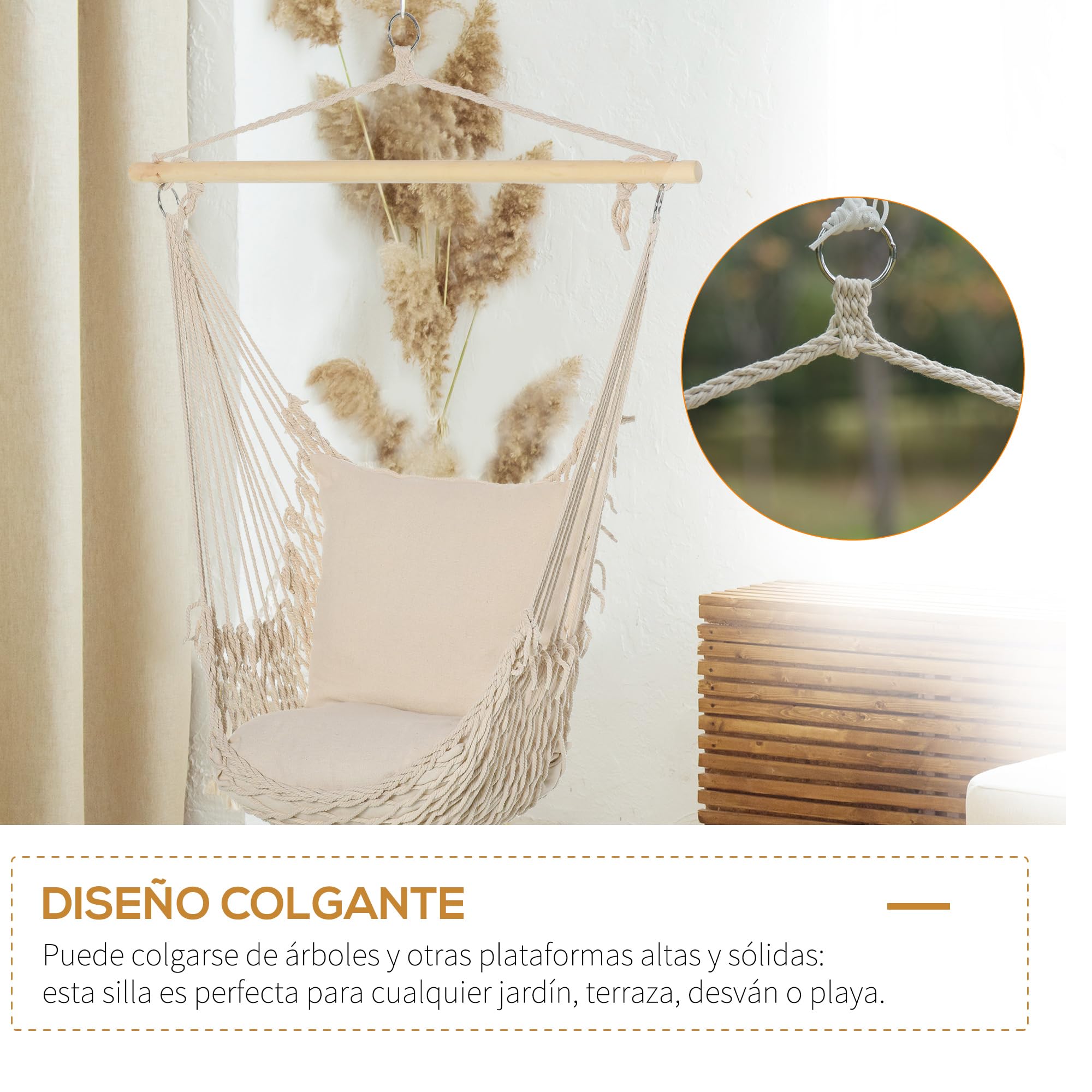 Outsunny Silla Colgante Hamaca Columpio con 2 Cojines de Algodón Barra de Madera Carga 120 kg Silla Columpio para Interior y Exterior Crema