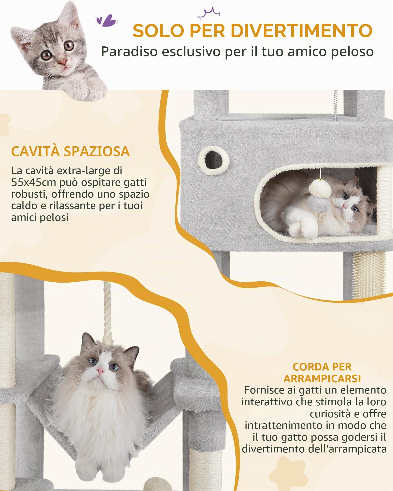 Hzuaneri Tiragraffi per Gatti, Albero per Gatti Multistrato da 178 cm con Grande Piattaforma, 2 Grotte, 7 Pali in Sisal, Pompon, Cesta, Amaca, Grigio Chiaro MS17818LG