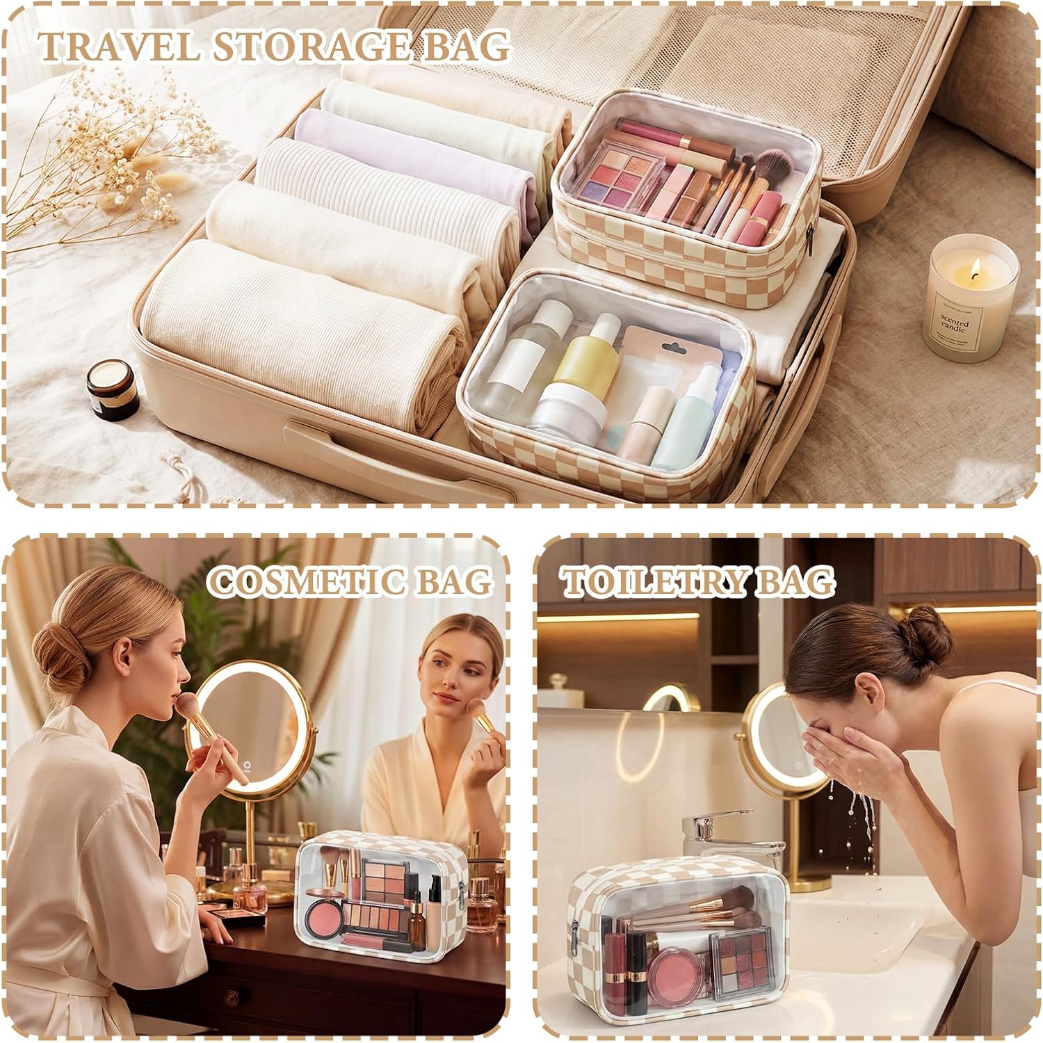 Lewtemi 6 Pcs Clear Checkered Toiletry Bag Travel Beach Makeup Pouch with Zipper Waterproof Cosmetic Bag Skincare Sunscreen Medicine Bridal Shower Graduation Gift for Women(Khaki Checkerboard)