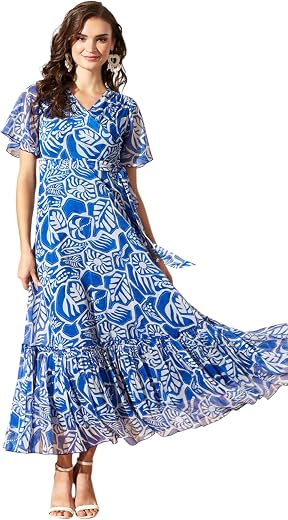 Miss Chase Women’s Floral V-Neck FlaSleeve Wrap Chiffon Maxi Dress