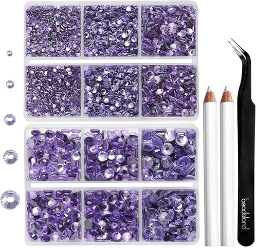 6736 diamantes termoadhesivos con parte trasera plana, diamantes de imitación morados para manualidades, mezcla de 5 tamaños, cristales