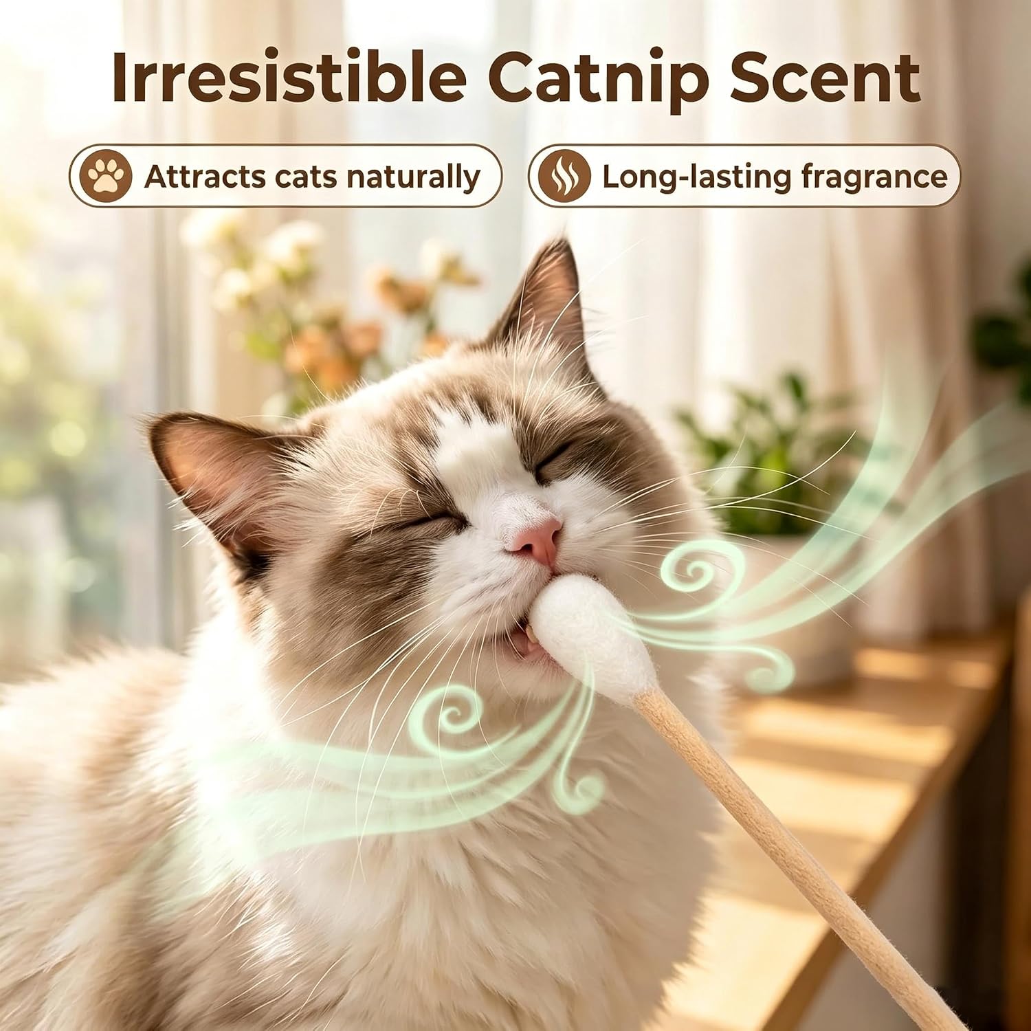 Cat Qtip Toy Chew Sticks, 6 Pcs with Catnip Scent, Felt Cotton Swab Cat Chew Toys for Indoor Cats, 15x2 cm, Interactive Felt Kicker Toy for Cats (Beige)