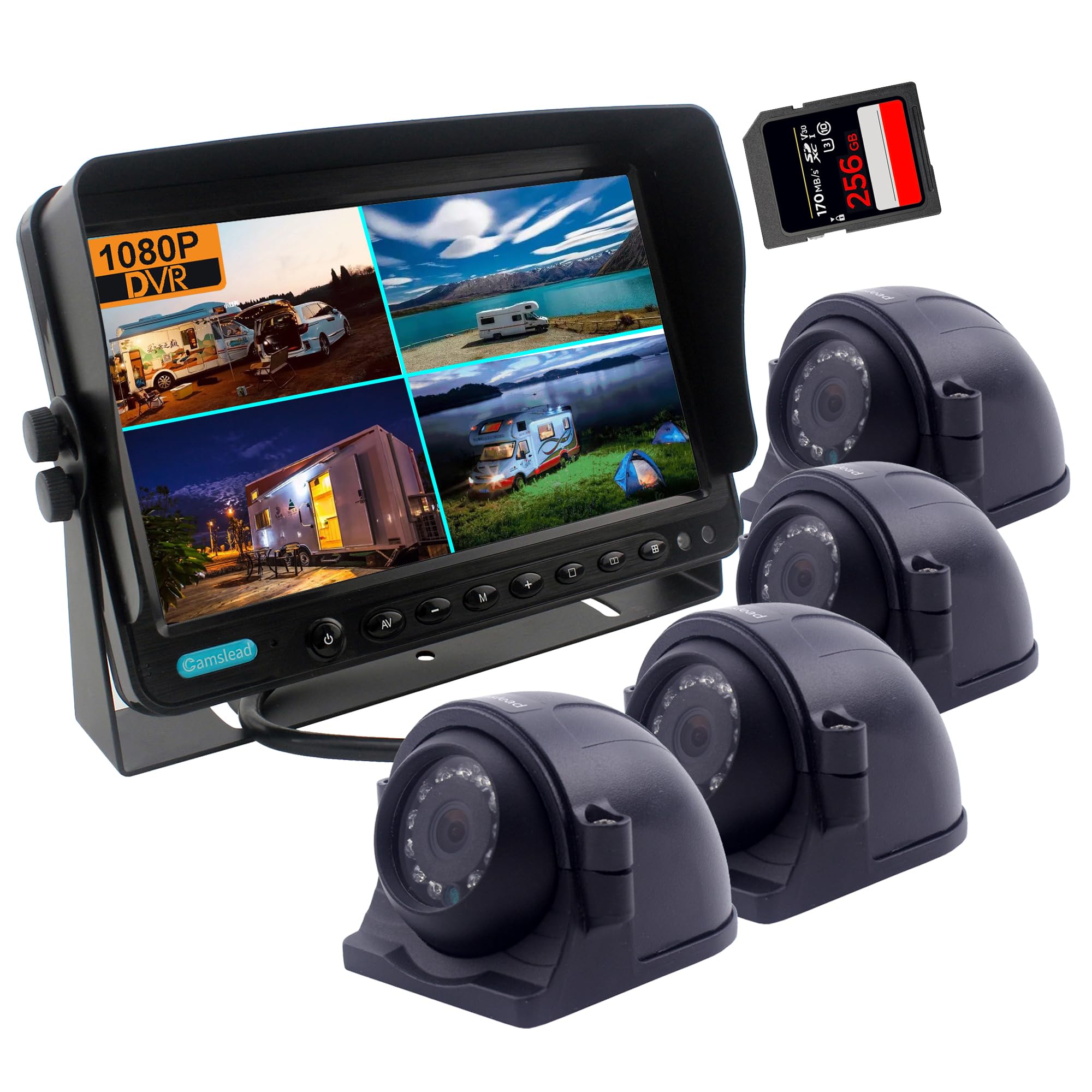 CAMSLEAD 10 inch digital monitor 1080P HD Rear View Camera System, HD DVR Recorder, 4 Channel Input, Quad Split Screen, 4X 1080P Heavy Duty Waterproof Backup Side View Camera for RV Trailer