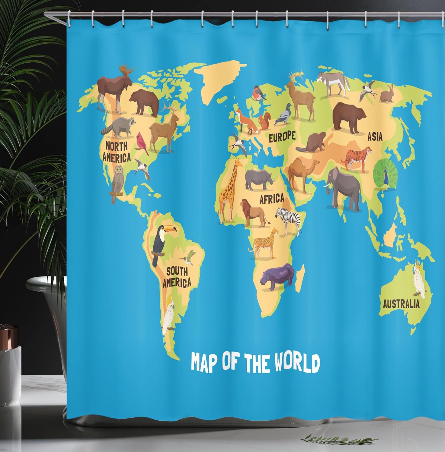 Ambesonne Map Print Shower Curtain, Flat Map of World Animals Living in Different Parts of Continents, Cloth Fabric Bathroom Decor Set with Hooks, 69" W x 70" L, Pale Orange Brown and Blue