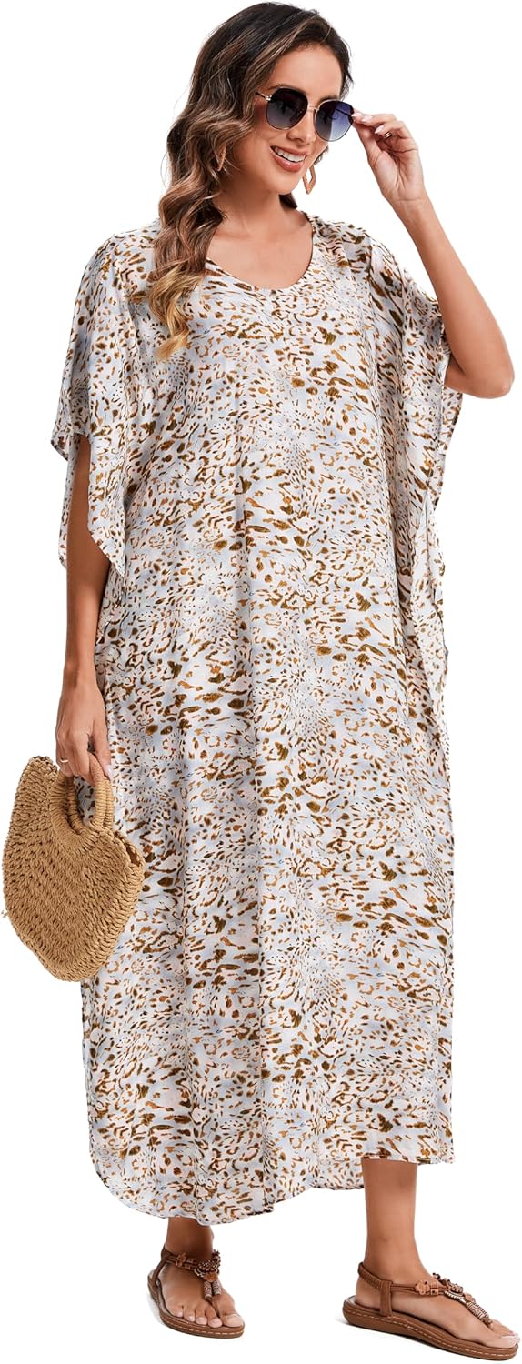 Beautybatik Boho Animal Stripe Print Plus Size Women Kimono Kaftan Maxi Long Sleeve Beach Cover Up Loungewear Dress XL to 4X