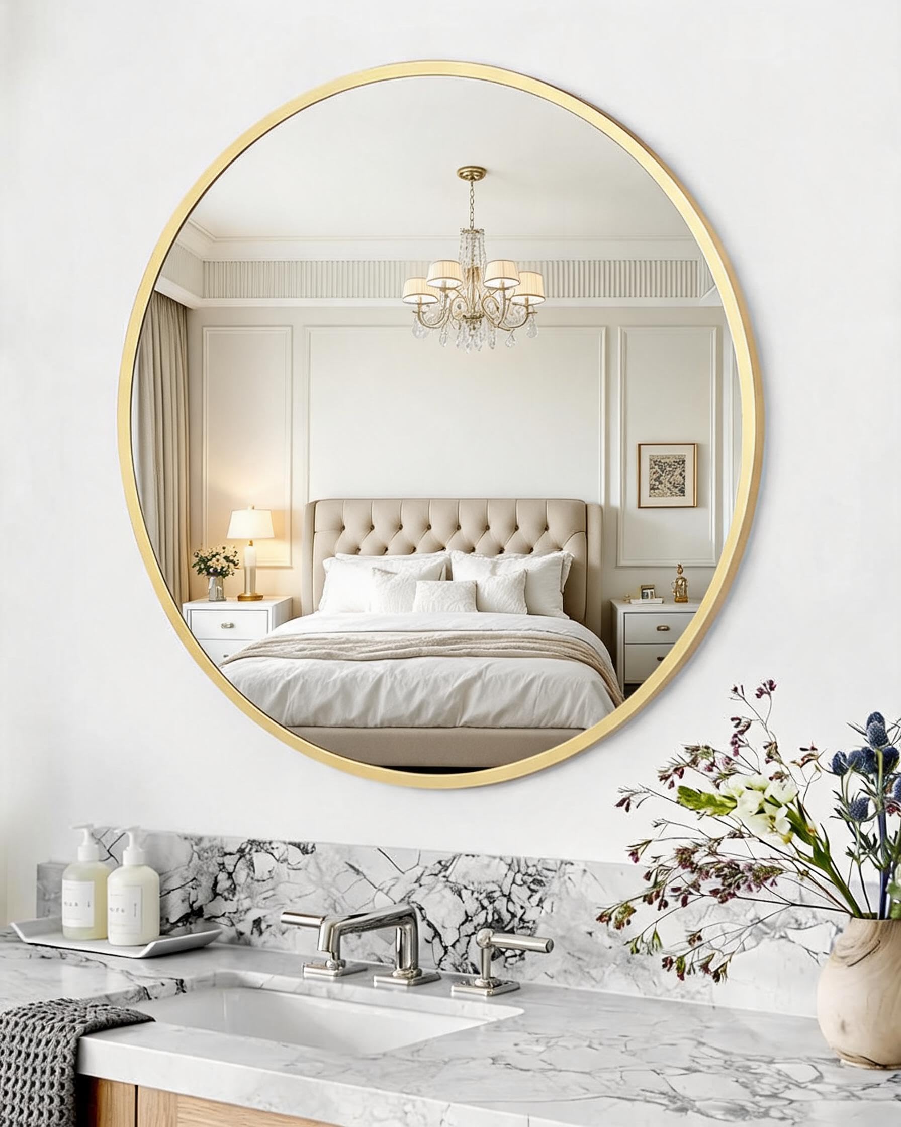 Miroir fresque Rond doré en métal Moderne – Élégant & Rustique – Idéal Salle de Bain, Salon, Chambre, entrée – Parfait au-Dessus du lavabo – 24” Round Gold