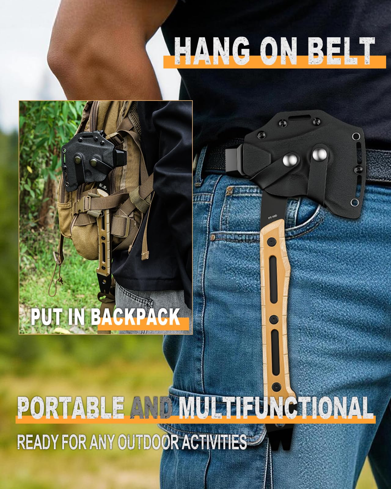 HX OUTDOORS Accetta Multifunzionale, Accetta Tattica da Sopravvivenza con Rivestimento in Titanio Nero per Campeggio e Bushcraft, Dotata di Martello e Estrattore per Chiodi (Marrone)