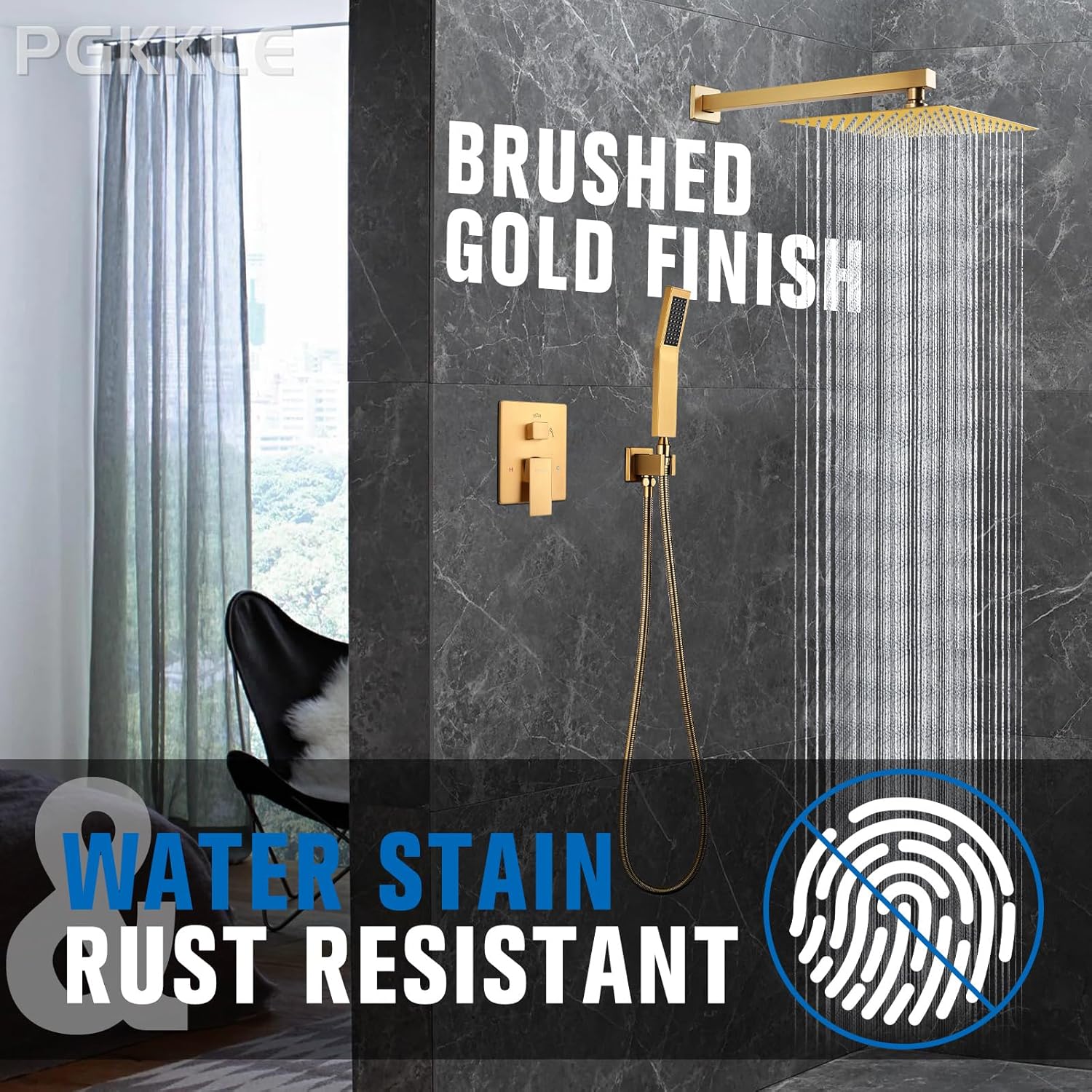Rainfall Shower System - Wall Mounted Complete Combo with Solid Brass Pressure Balancing Valve, High Pressure Shower Head, Handle Set & Installation Accessories Brushed Gold 10"+Handheld Spray