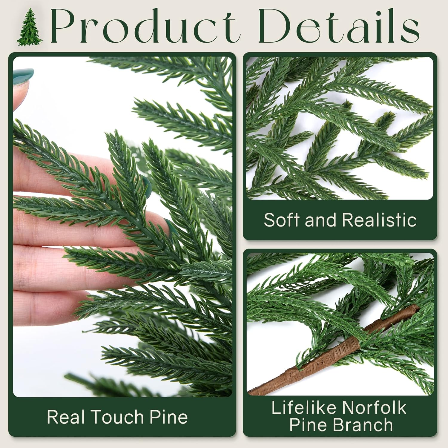 14 Pcs Norfolk Pine Stems, 18 Inch Real Touch Artificial Christmas Norfolk Pine Branch, Faux Greenery Picks for Vase DIY Garland Home Holiday Decor
