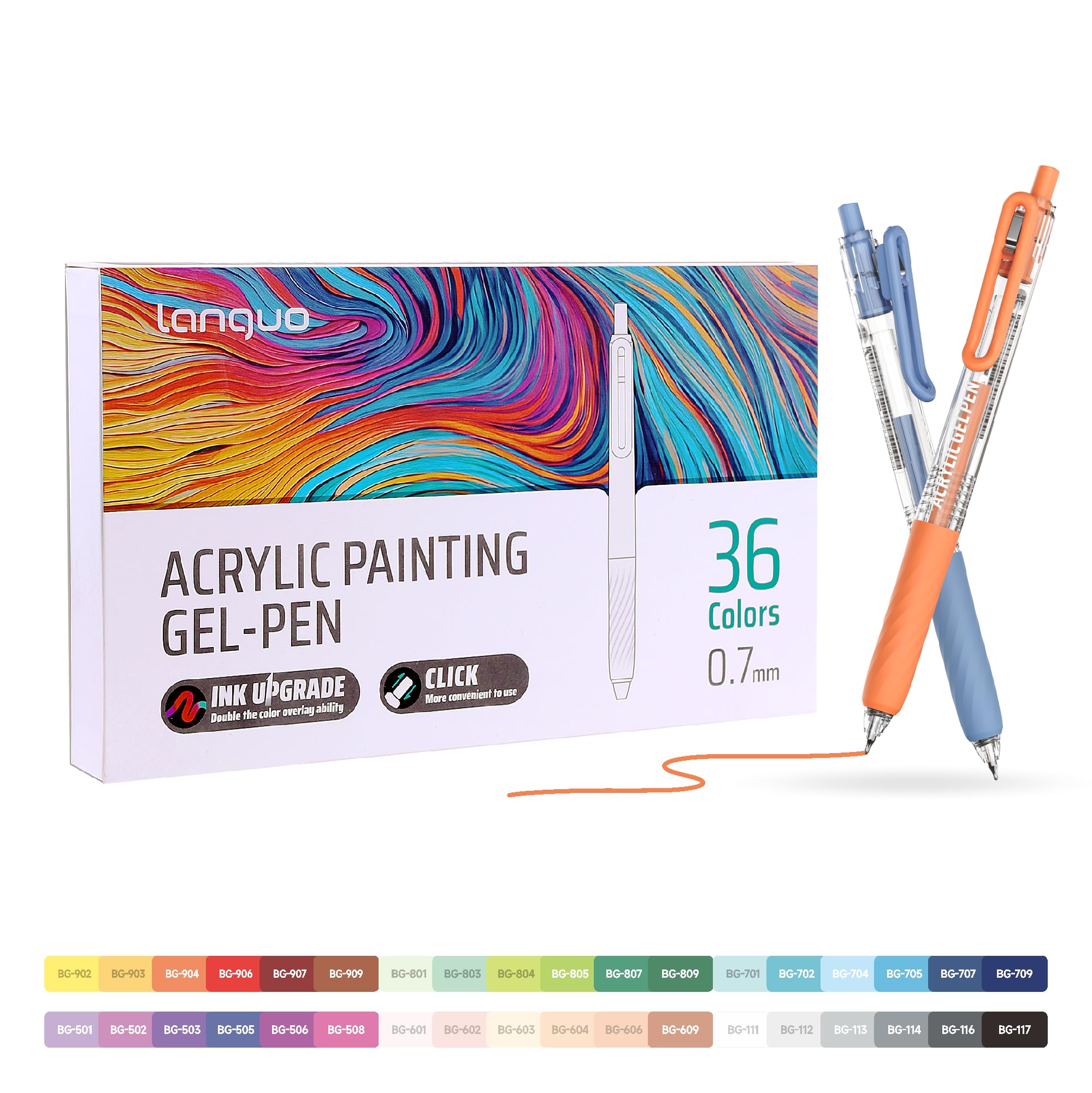 Languo Stylos Gel Acryliques Rétractables pour Coloriage, Ensemble de 36 Stylos de Peinture Acrylique à Cliquer avec Pointe de 0,7 mm, Stylos Gel Colorés pour Papier Noir, Roche, Verre, Tissu