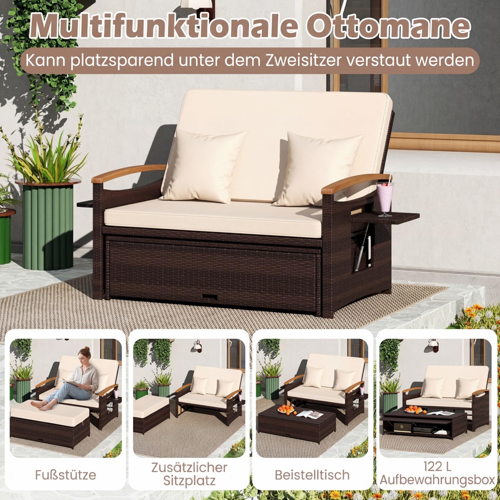 COSTWAY Rattan Lounge Sofa, Lounge Möbel Outdoor, Gartensofa mit Liegefunktion, 2-Sitzer Gartenlounge mit Kissen & Seitenablagen, Polyrattan Gartenmöbel, Balkon Möbel, Balkonmöbel Kleiner Balkon