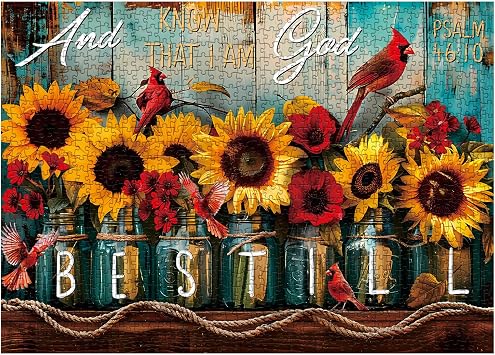 Sunflowers Bird Puzzle for Adults 1000 Pieces, Flower Religious Jigsaw Puzzle, Inspirational Cardinal Floral Easter Scripture Catholic Bible Puzzle