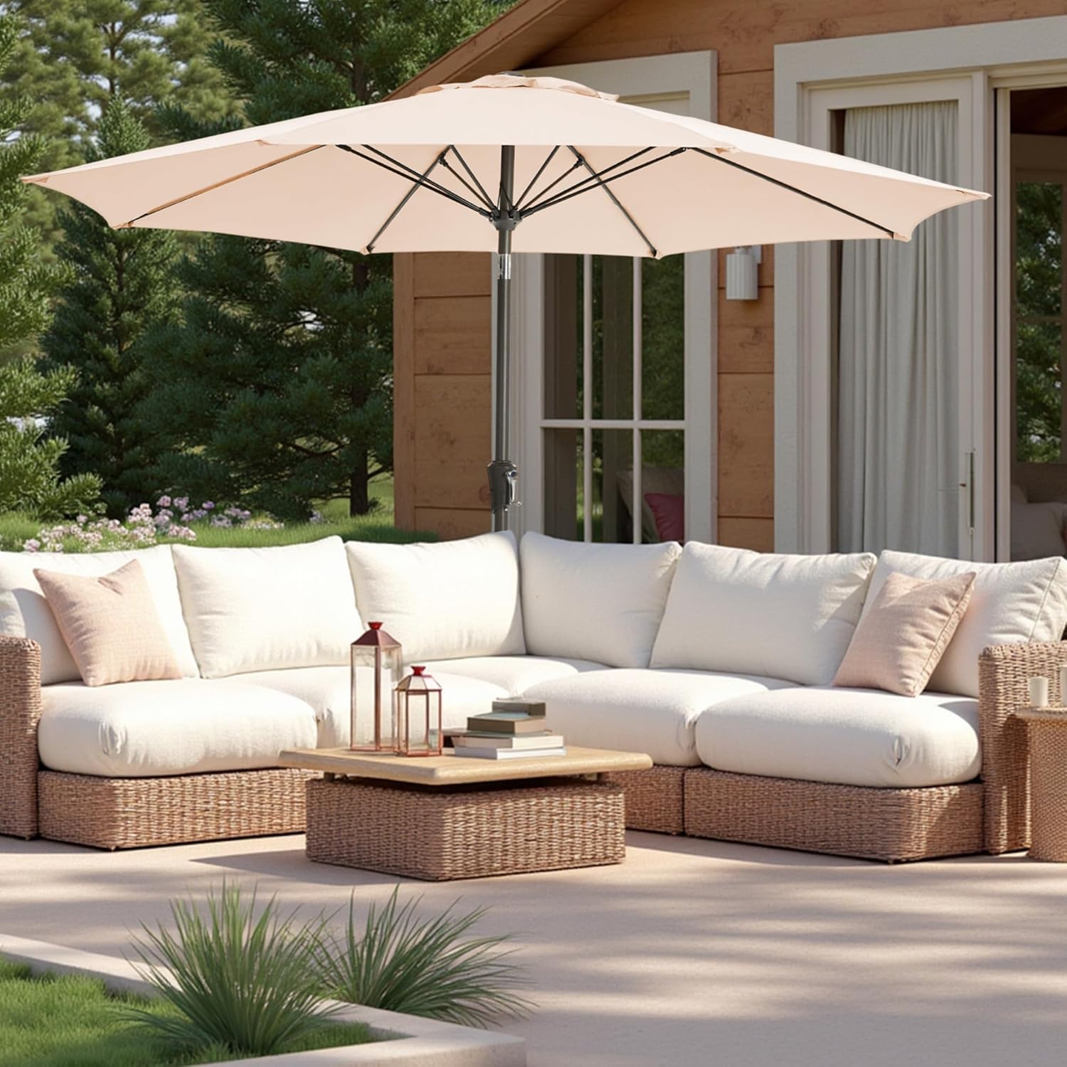 9FT Large Outdoor Patio Umbrella Pool Market Umbrella-UV Resistant, Easy Push Button Tilt and Crank, 8 Sturdy Ribs Heavy-Duty Table Umbrella for Deck, Backyard,Garden (Beige)