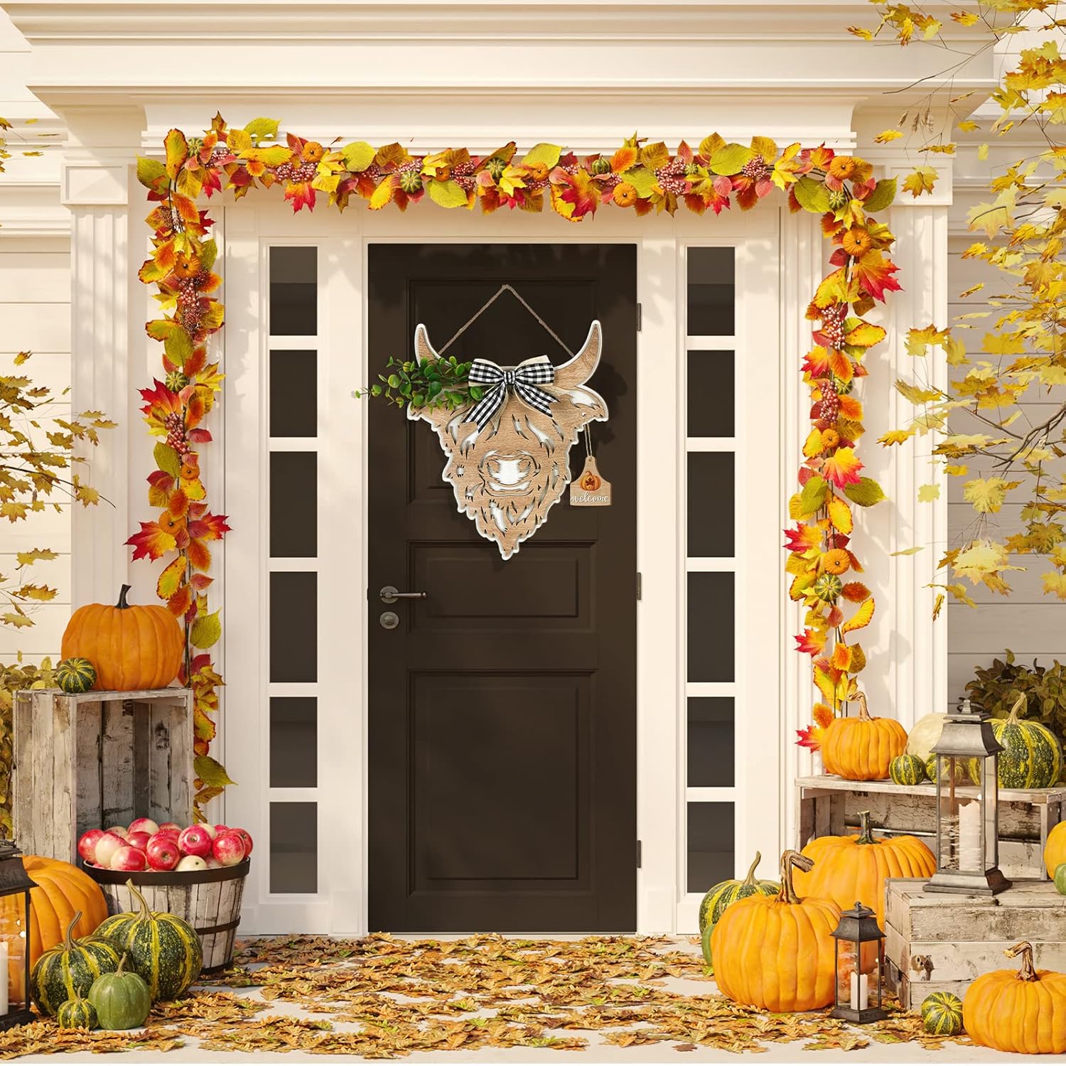 Maitys 13 Pcs Highland Cow Head Door Wreath Sign Christmas Decor Welcome Hanger Rustic Wooden Hanging Farmhouse Cow Decor with Buffalo Plaid for Front Door, 11 x 9.8 Inch(Yak Head Shape) - Image 6