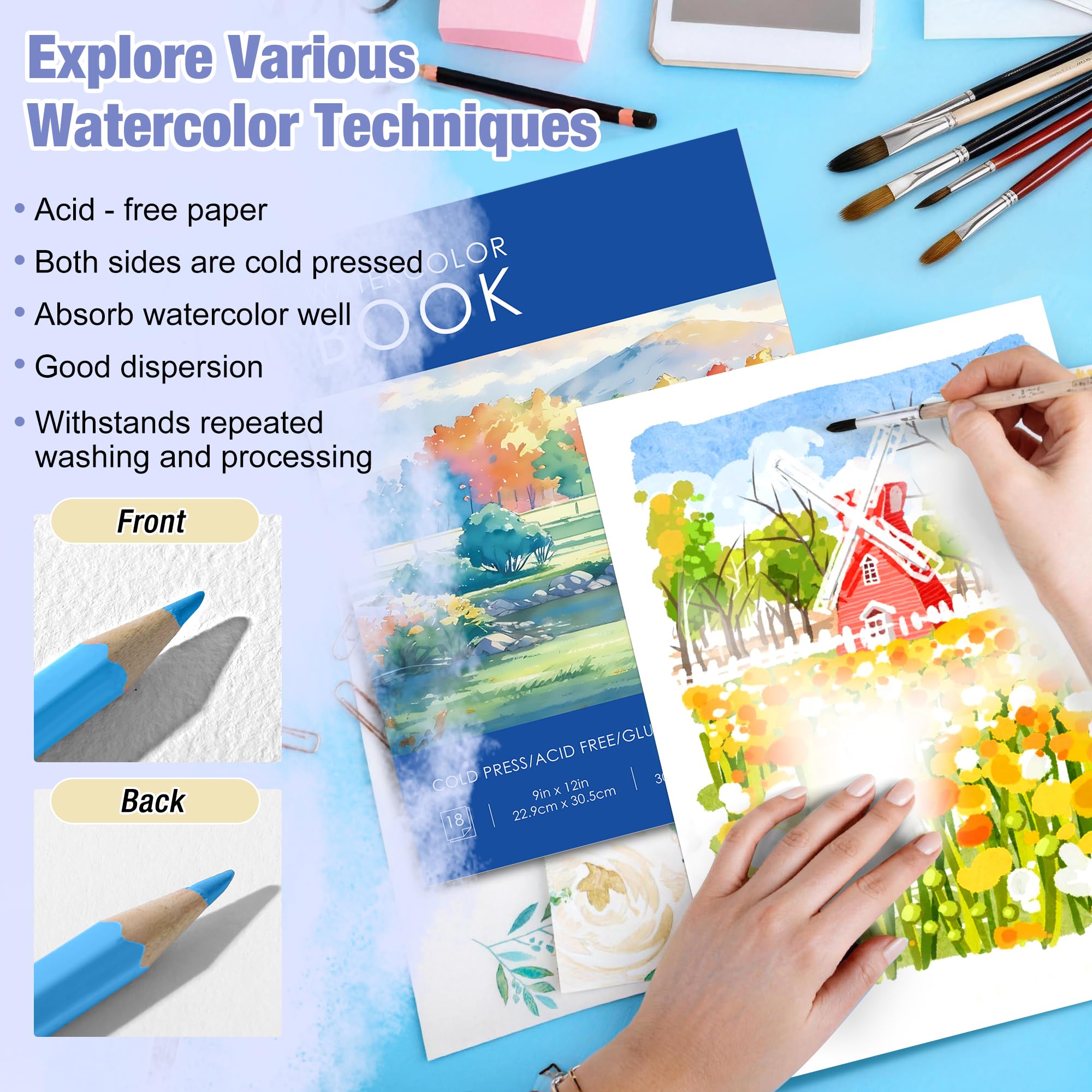 Creazic Aquarellpapierblock, 22,9 x 30,5 cm, 63,5 kg/300 g/m², säurefreies, kaltgepresstes, schweres Aquarellpapier, Künstler-Skizzenbuch für Erwachsene, Kinder und Anfänger, ideal für Aquarellfarben