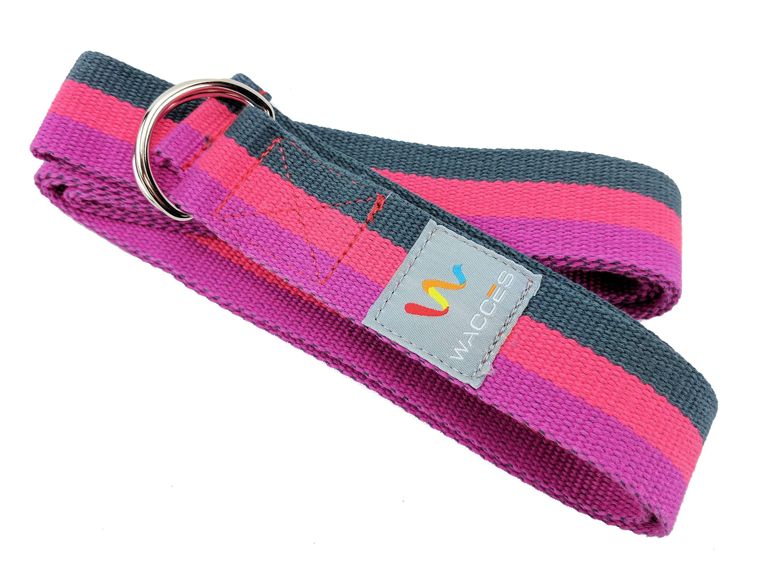 Wacces D-Ring Buckle Cotton Yoga Straps Bands - Best for Stretching (Rose-Pink-Black, 10 ft)