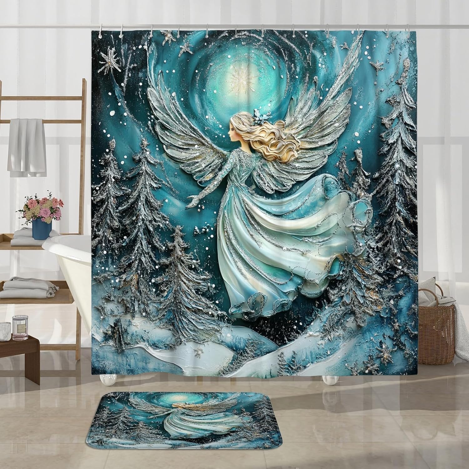 4PCS Whimsical Christmas Angel Bathroom Sets, Bath with Non-Slip Rug, U Shape Toilet Lid Cover Mat, Magic Xmas Snow Winter Bathroom Decor-72''x72''