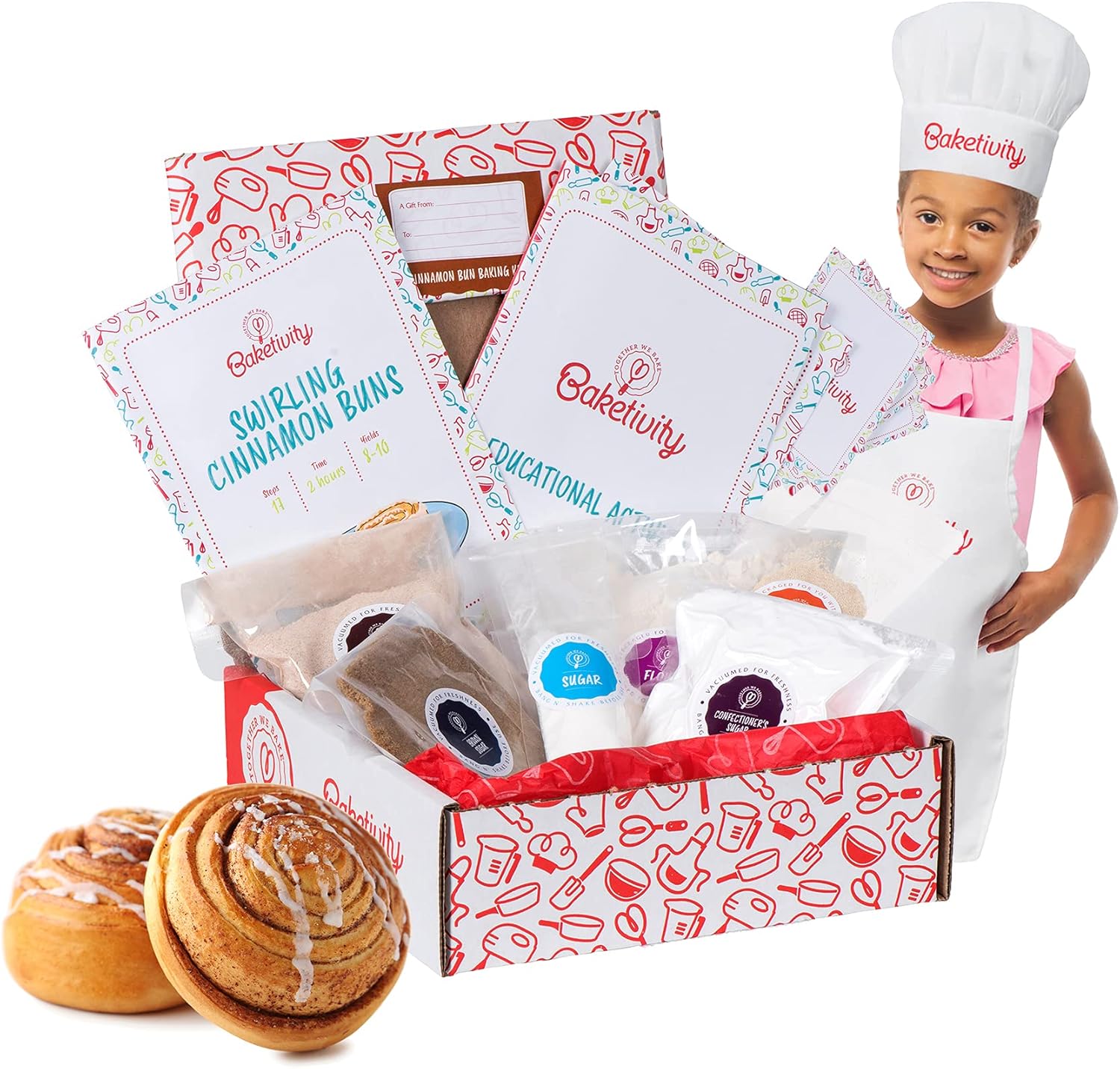 Baketivity Kids Baking DIY Activity Kit - Bake Delicious Cinnamon Buns with Pre-Measured Ingredients – Best Gift Idea for Boys and Girls Ages 6-12 – Includes Free Hat and Apron
