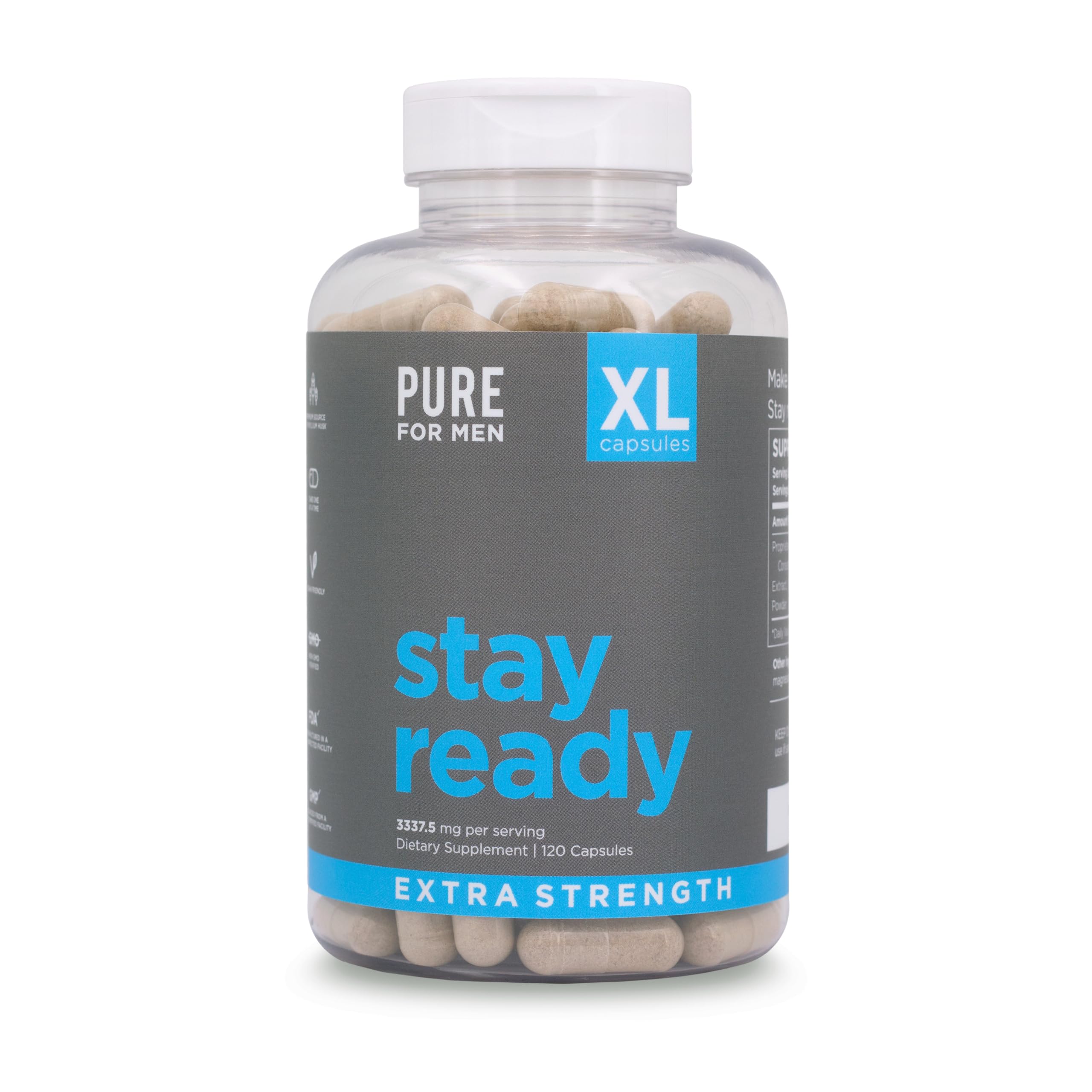 Pure for Men Stay Ready Fiber Extra Strength Supplement | Digestive Regularity | Bowel Movement & Gut Health Support | Vegan Cleanliness | Proprietary Formula | 120 Vegan XL Capsules