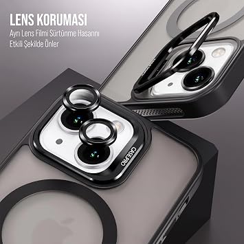 Babilden iPhone için Kılıf Kamera Korumalı Magsafe Wireless Şarj Özellikli Mat Şeffaf Renkli Standlı Kılıf (Lens Hediyeli) (Siyah, iPhone 14 Plus)