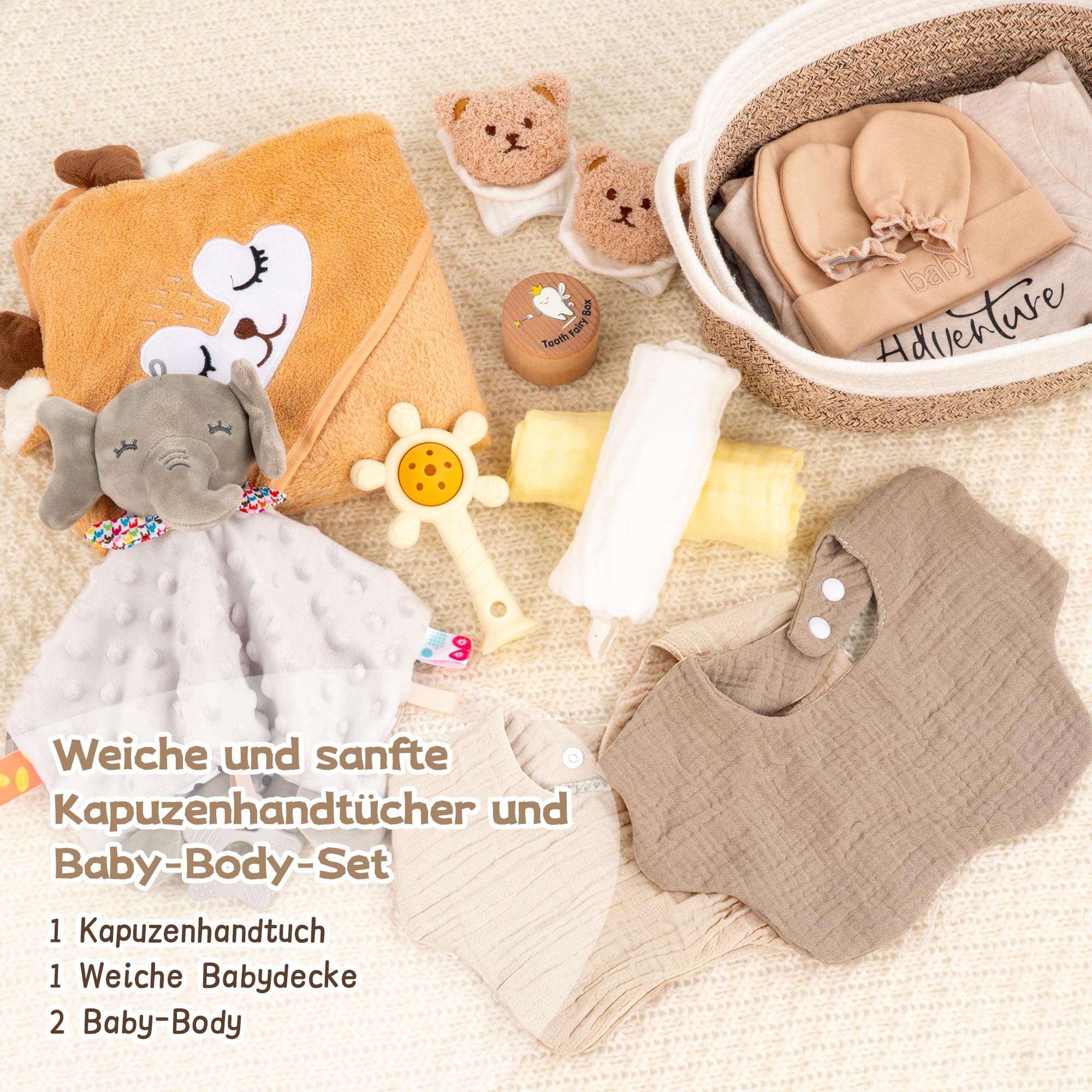 Neugeborenen Geschenk 24-teiliges，Baby zubehör, Strampler, Schnuffeltuch, Rassel & Karte，Geschenk zur Geburt für Babys (Khaki)