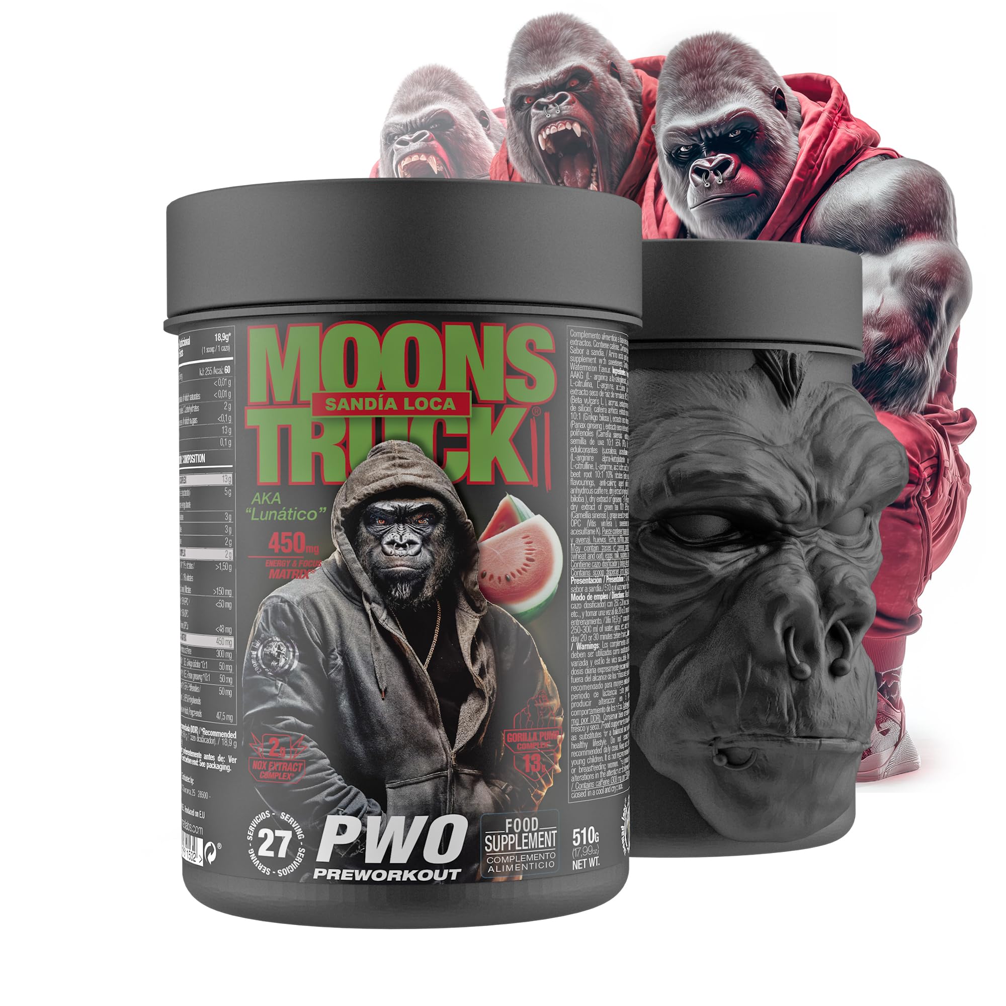 Zoomad Labs Moonstruck II Pre-Workout 510 g — Pre Workout Puissant Citrulline Bêta-Alanine AAKG · Gorilla Pump 13 g · Nitrates Betterave · 299 mg Caféine · 27 Doses