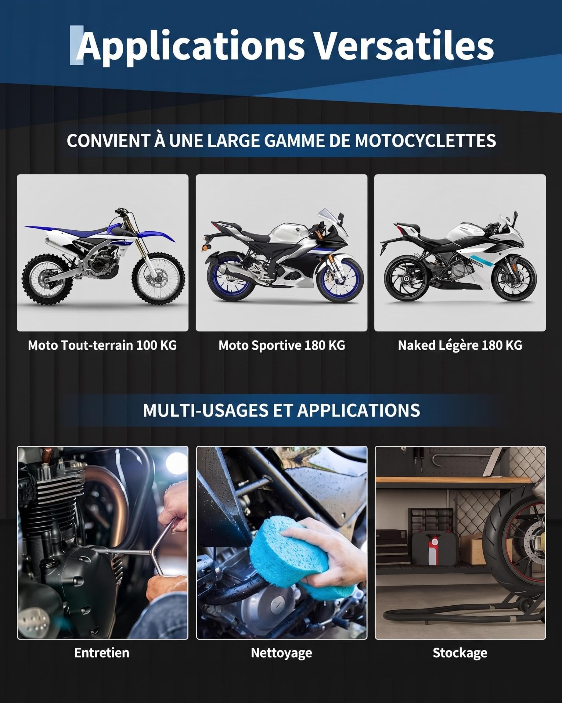 Garvee Kit de 2 Béquilles Moto en Acier, Support Acier 410kg | Support Avant et Arrière Réglable en Acier Haute Résistance, 2 Pièces, Fourches en U, Noir