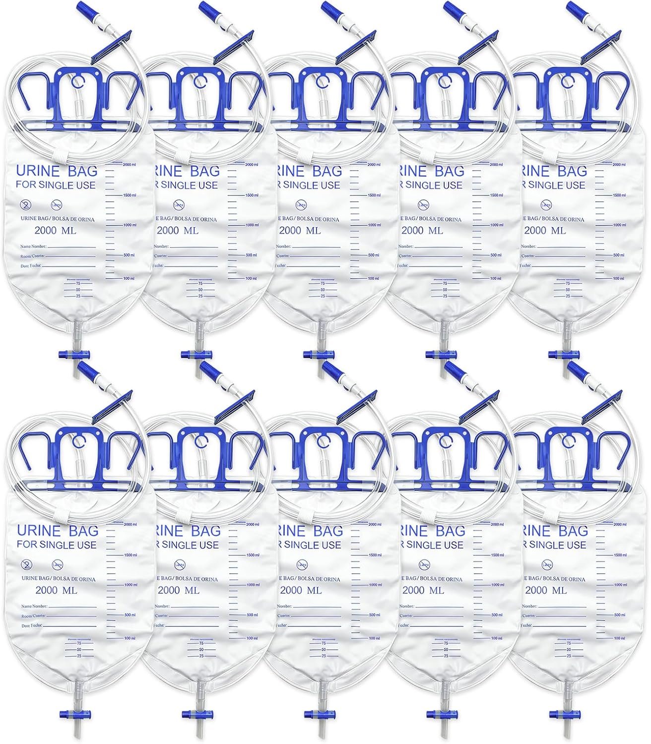 2000ml Urine Drainage Bags,10pcs Catheter Bags with Anti-Reflux Chamber,48" Thicker Drainage Tube with Clips and Hanging Hooks,Professional Urine Bags for Home and Hospitals Health Aids