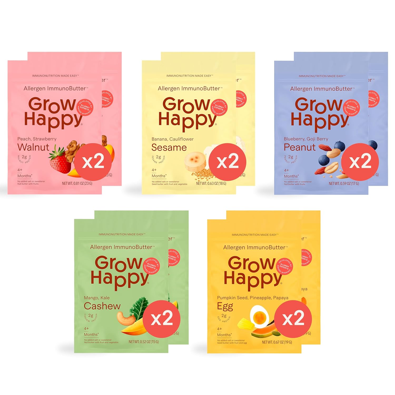 Allergen ImmunoButter Weekly Starter Kit |10 Gut Healthy Snacks | Allergen Introduction for Peanut, Egg, Cashew, Walnut, Sesame | Whole Nut butters and Seed Butters | Ages 4-36 months | 1 Week Supply