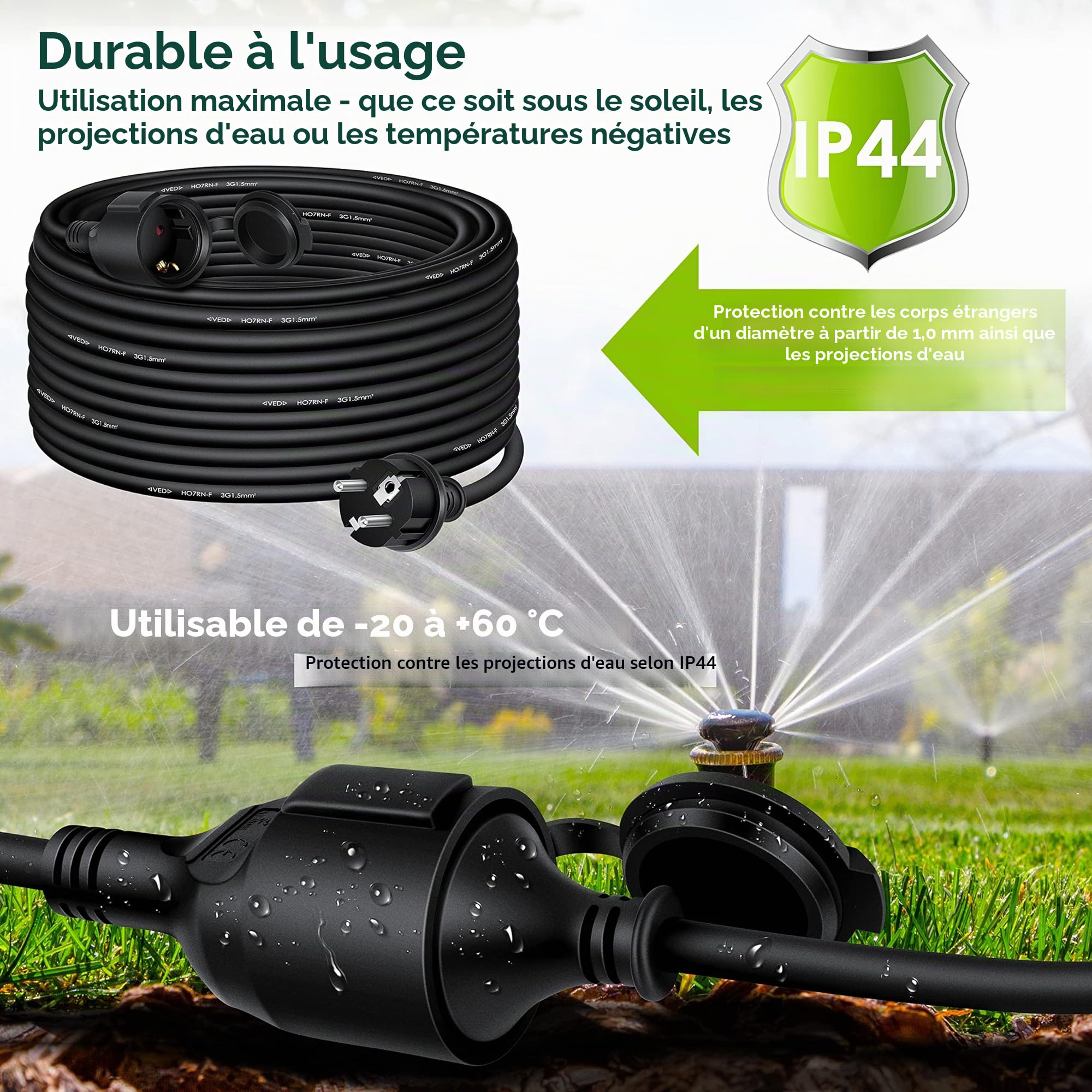 KESSER Rallonge 3 Prises 250 V IP44 40m Noir Câble électrique extérieur