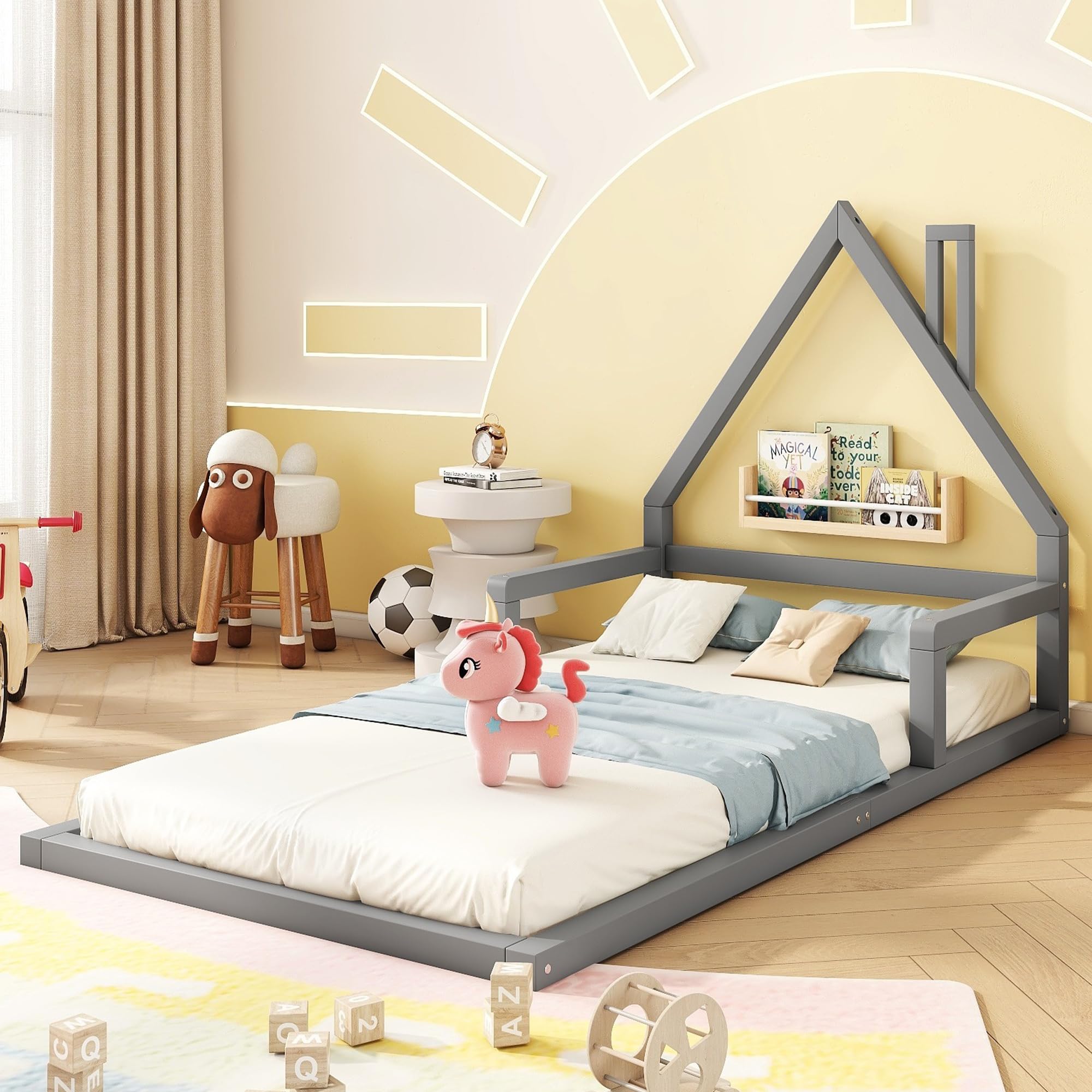 OKMYHOME Łóżko dziecięce 90x200 cm - Łóżko jednoosobowe z litego drewna sosnowego i MDF, klasyczny i solidny design, bez materaca, szare