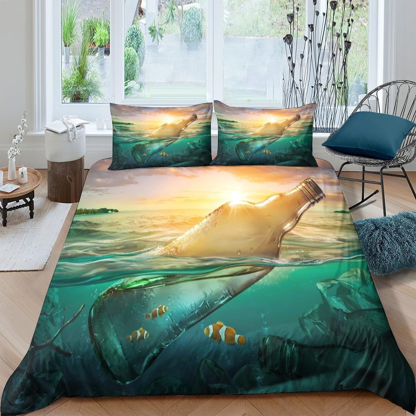 Ctjqhvkz Style-1 3D Printed Ocean Sunset Fitted Sheet Microfiber Soft Breathable Underwater Scene Bed Cover For Bedroom Decor Protection Single（135X200cm）