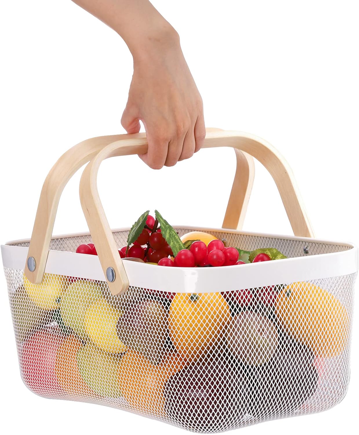 ZEAYEA Mesh Storage Basket with Handle, Garden Harvest Basket, Mesh Fruit Basket Bin for Gathering Vegetables, Multi-functional Metal Wire Basket for Kitchen Garden Picnic Cabinet, White