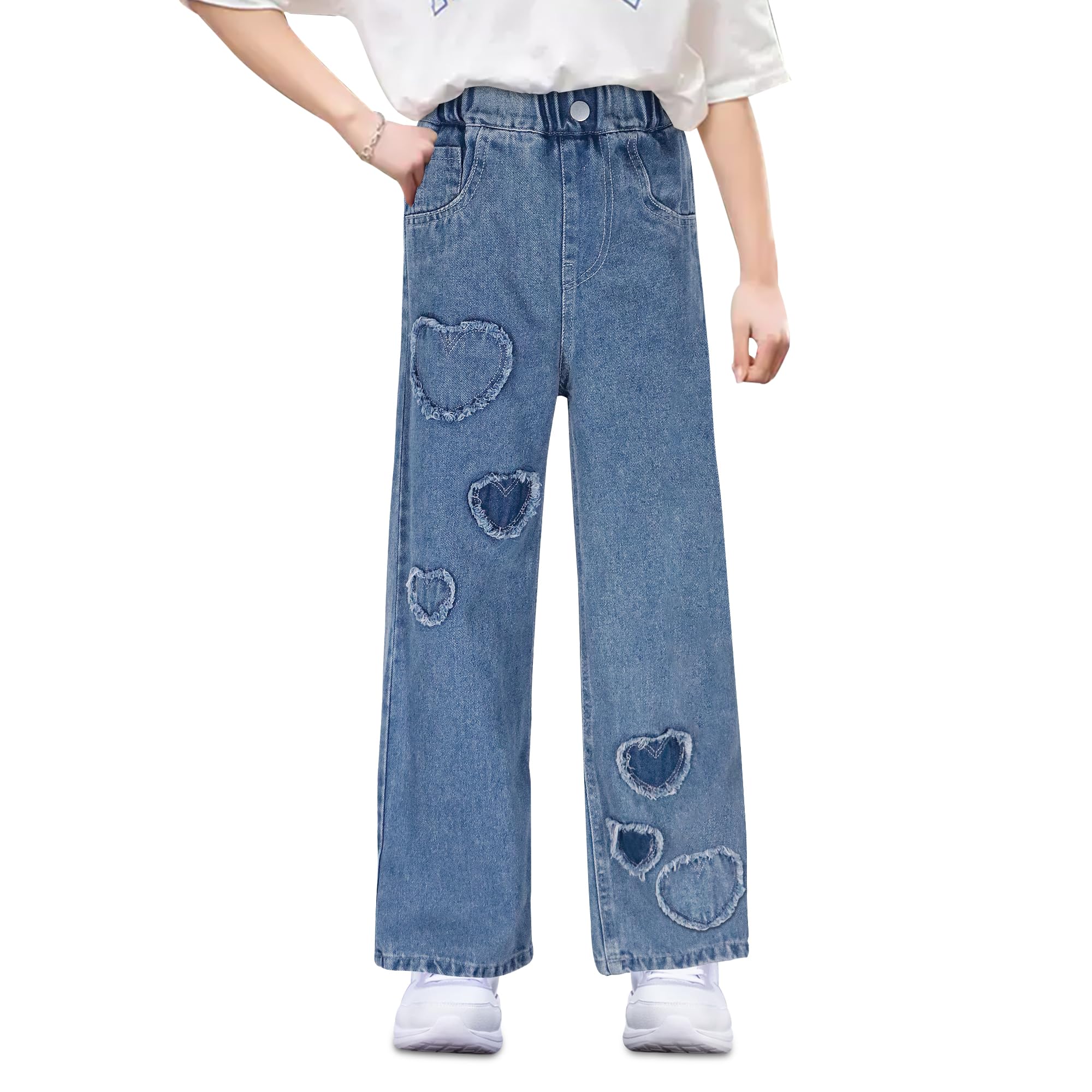 Jeans Filles Baggy Wide Leg Denim Pantalon avec Taille Élastique Jambes Larges Jean Loose Fit Pantalon Stretch Décontracté Bleu Denim Pants avec Poches Mode Streetwear pour Enfants 6-14 Ans